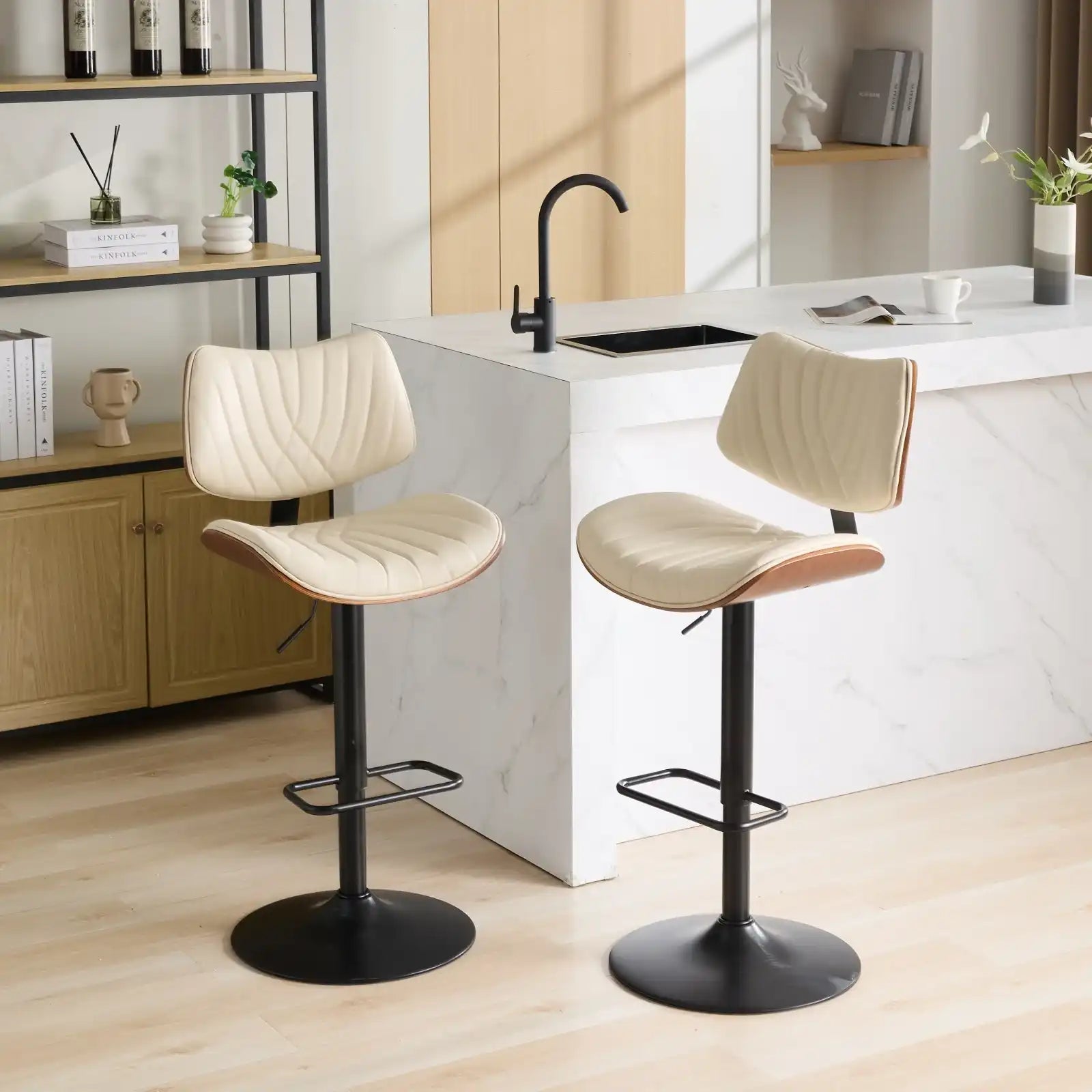 Mid Century Modern Walnut Bar Stool, Adjustable Black Leather Swivel Chair, Beige - Best Buy Furniture