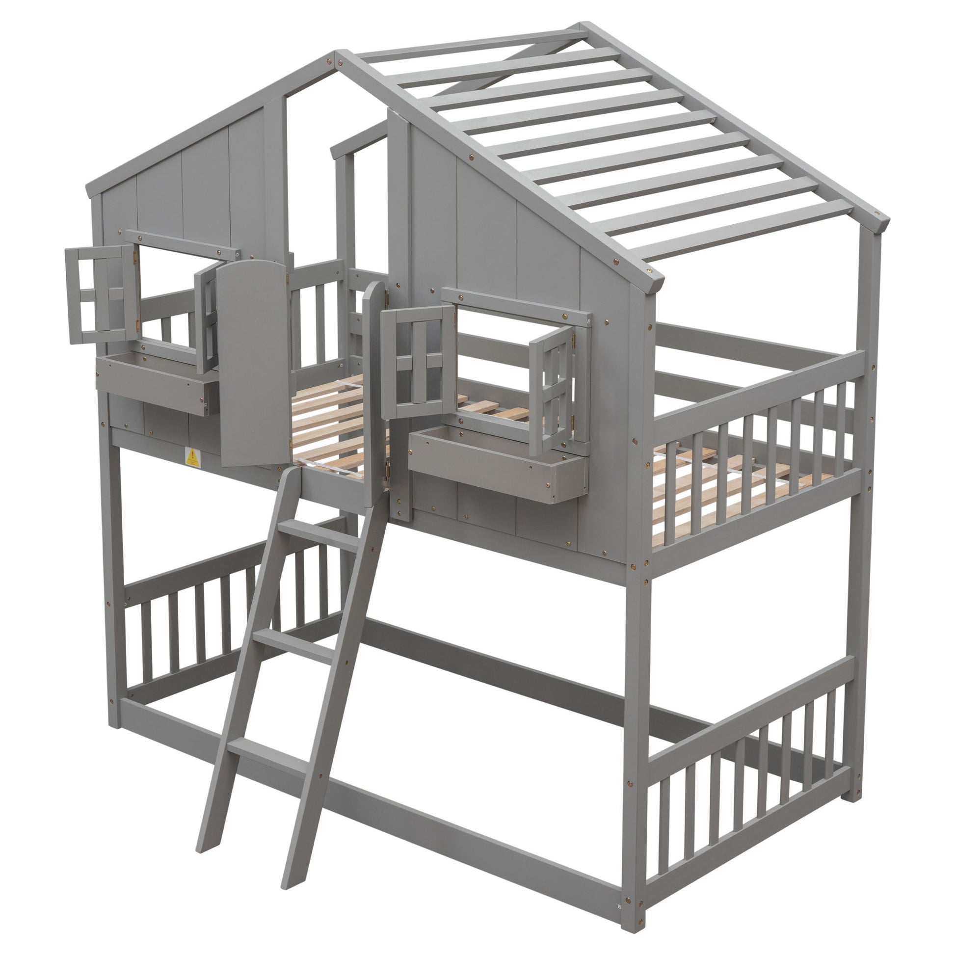 House Bunk Bed With Roof, Window, Window Box, Door, With Safety Guardrails And Ladder - Best Buy Furniture