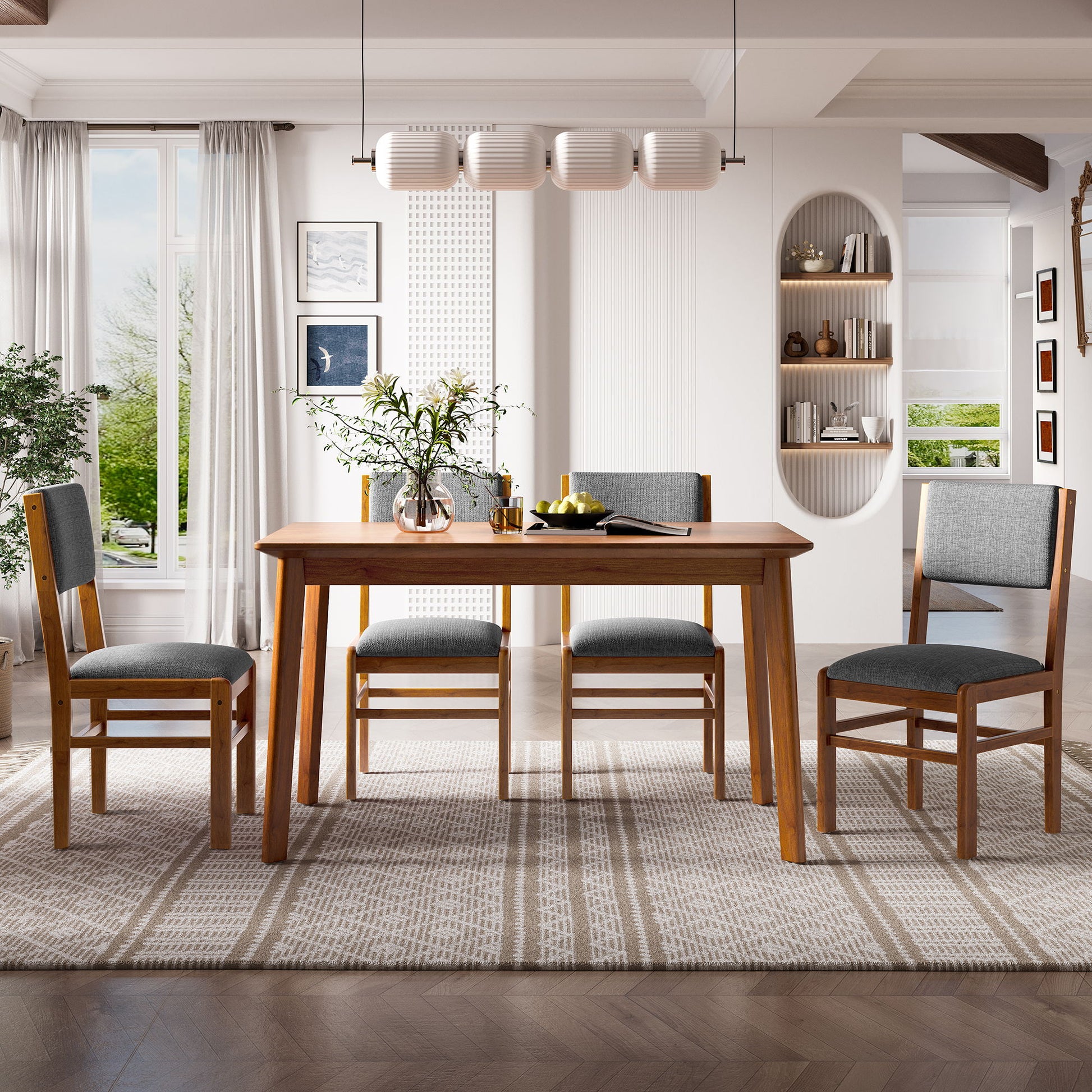 5 Pieces Rectangle Wooden Dining Table Set, Mid Century Modern Kitchen Table And 4 Upholstered Chairs For Home, Saving Space - Brown / Gray - Best Buy Furniture