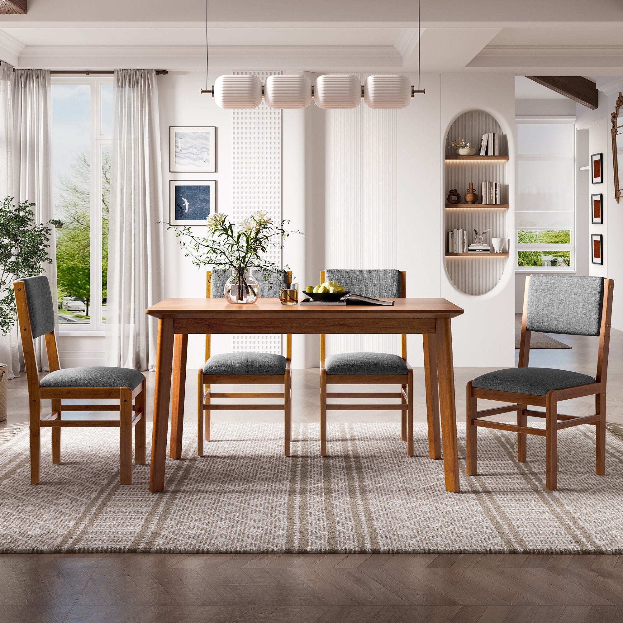 5 Pieces Rectangle Wooden Dining Table Set, Mid Century Modern Kitchen Table And 4 Upholstered Chairs For Home, Saving Space - Brown / Gray - Best Buy Furniture