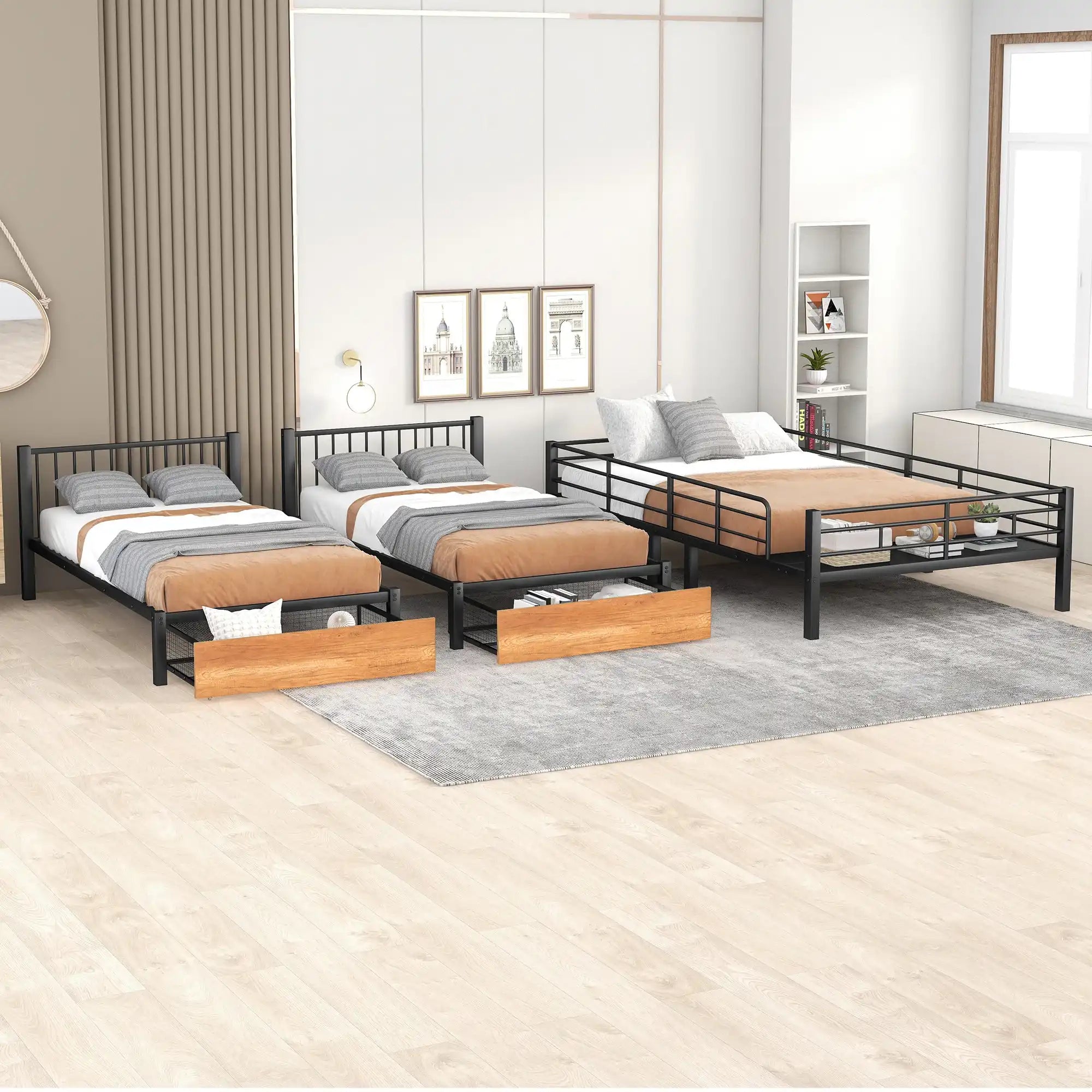 Full Over Twin & Twin Bunk Bed, Metal Triple Bunk Bed with Drawers and Guardrails, Black - Best Buy Furniture
