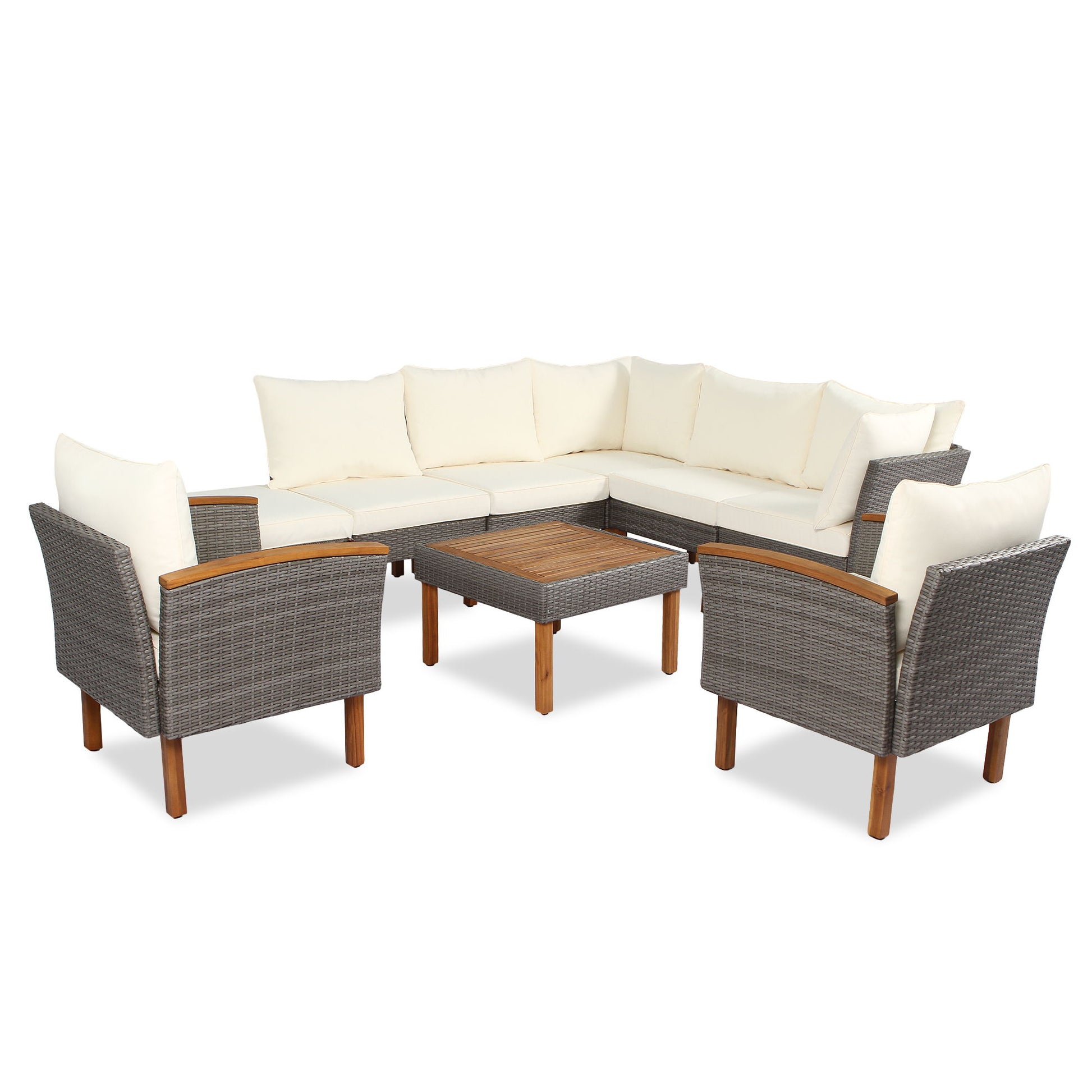 9 Piece Patio Rattan Furniture Set, Outdoor Conversation Set With Acacia Wood Legs And Tabletop, PE Rattan Sectional Sofa Set With Coffee Table, Washable Cushion - Best Buy Furniture