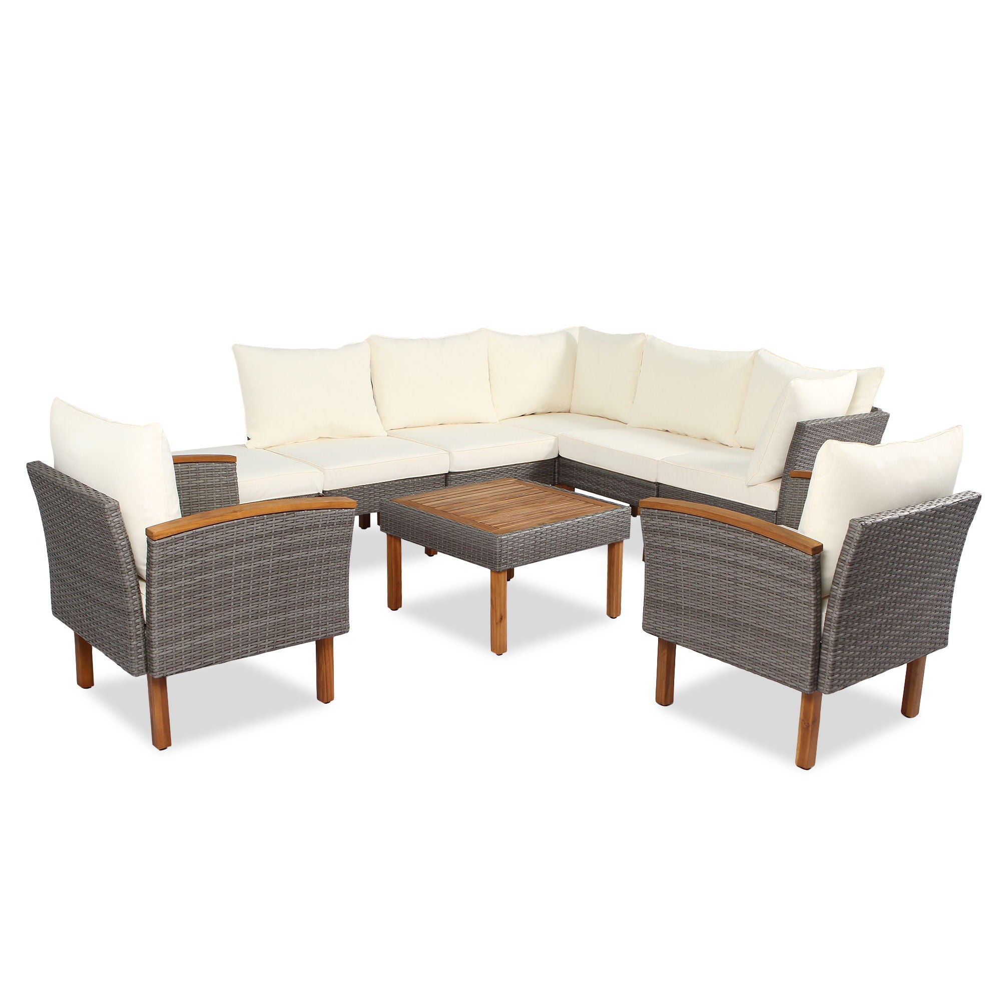 9 Piece Patio Rattan Furniture Set, Outdoor Conversation Set With Acacia Wood Legs And Tabletop, PE Rattan Sectional Sofa Set With Coffee Table, Washable Cushion - Best Buy Furniture