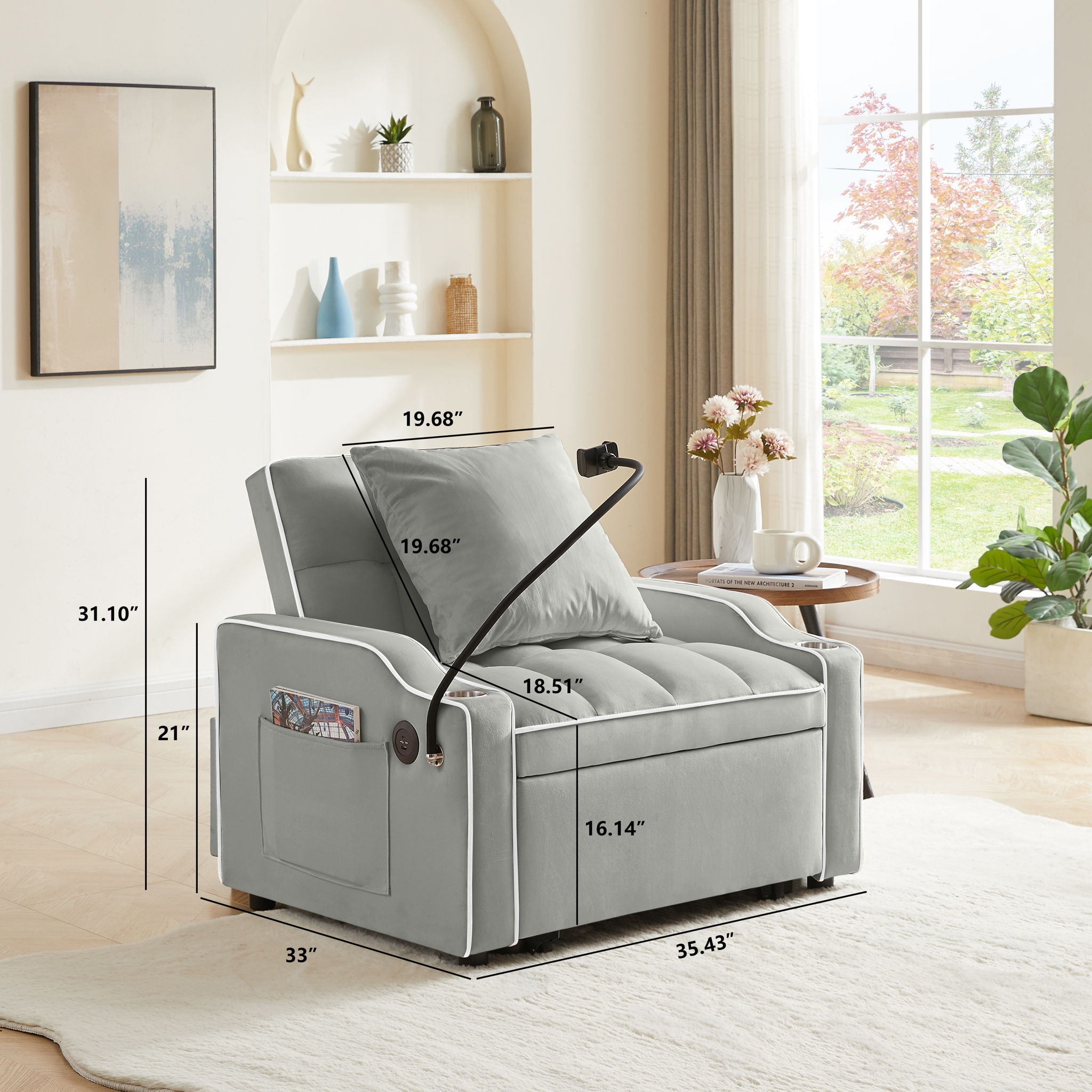 Convertible Velvet 3 In 1 Sofa Bed With Adjustable Sleeper Chair And Multi Pockets - Best Buy Furniture