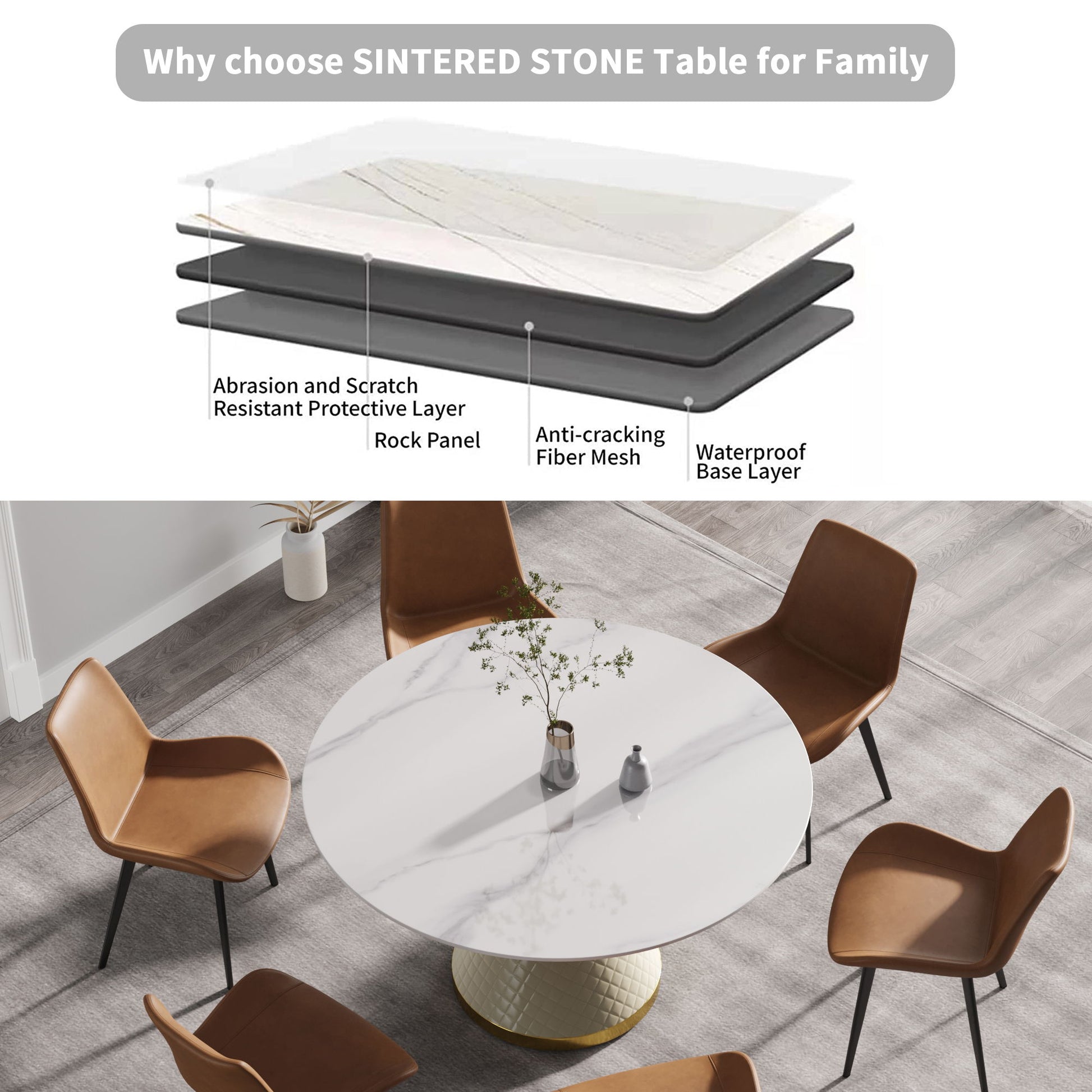 Modern Artificial Stone Round Carbon Steel Base Dining Table, Can Accommodate 6 People - Best Buy Furniture