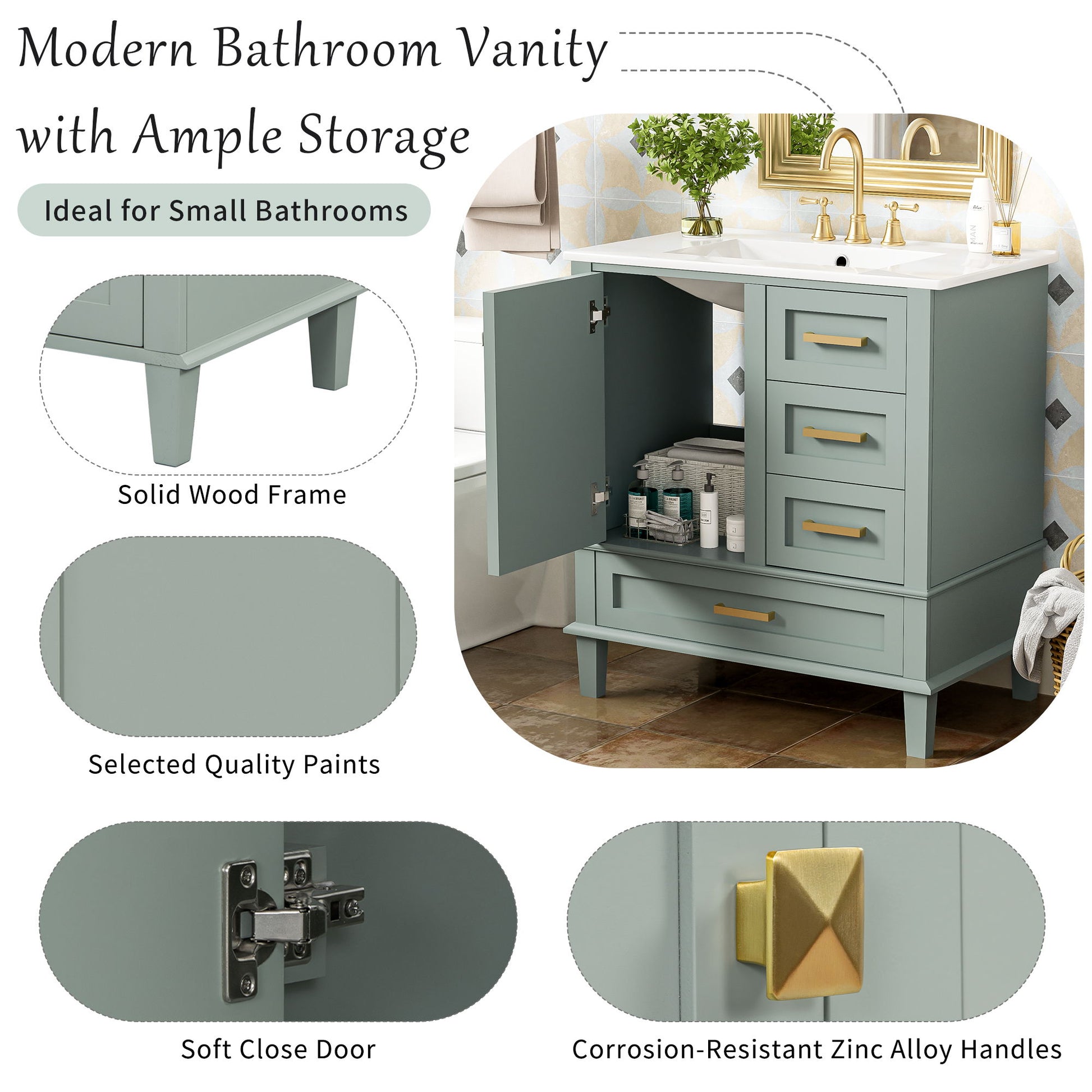 Bathroom Vanity, Modern Bathroom Cabinet With Sink Combo Set, Bathroom Storage Cabinet With A Soft Closing Door And 3 Drawers, Solid Wood Frame - Best Buy Furniture