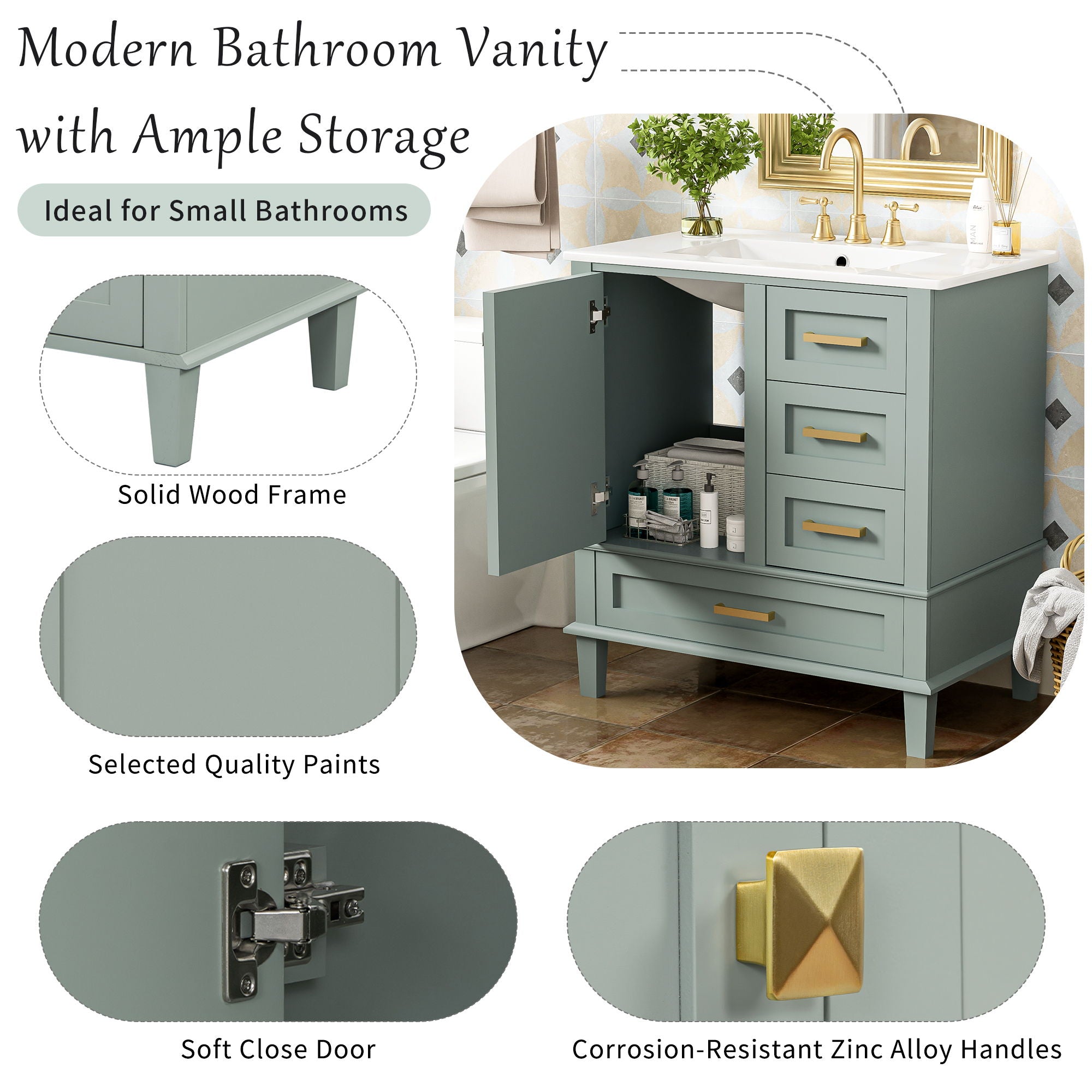 Bathroom Vanity, Modern Bathroom Cabinet With Sink Combo Set, Bathroom Storage Cabinet With A Soft Closing Door And 3 Drawers, Solid Wood Frame - Best Buy Furniture