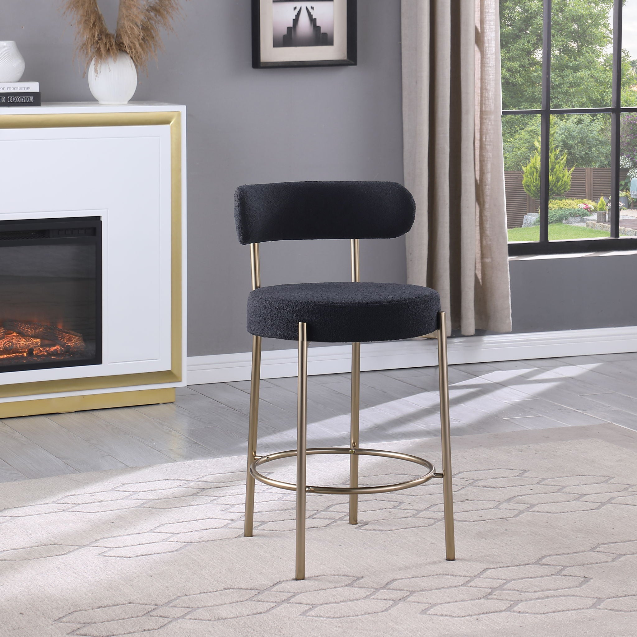Modern Sherpa Counter Height Stools, Uphsoltered Seat Height Barstools With Brushed Brass Metal Legs Round Low Back Kitchen Stools With Footrest For Dining Room (Set of 2) - Best Buy Furniture