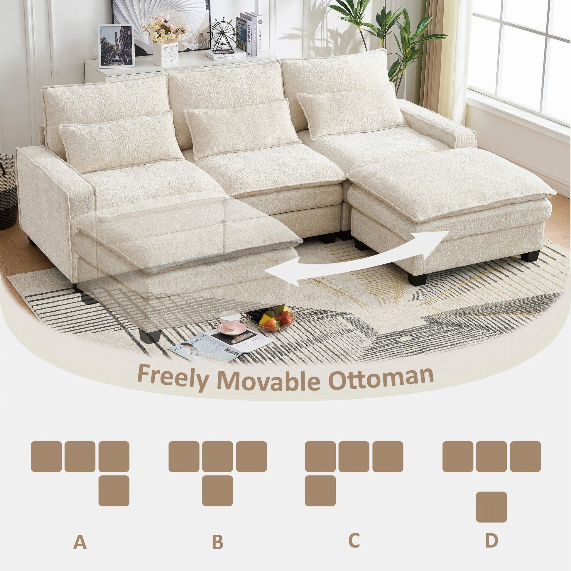 Modern Comfy Chenille L Shaped Sectional Sofa With Movable Ottoman - Best Buy Furniture