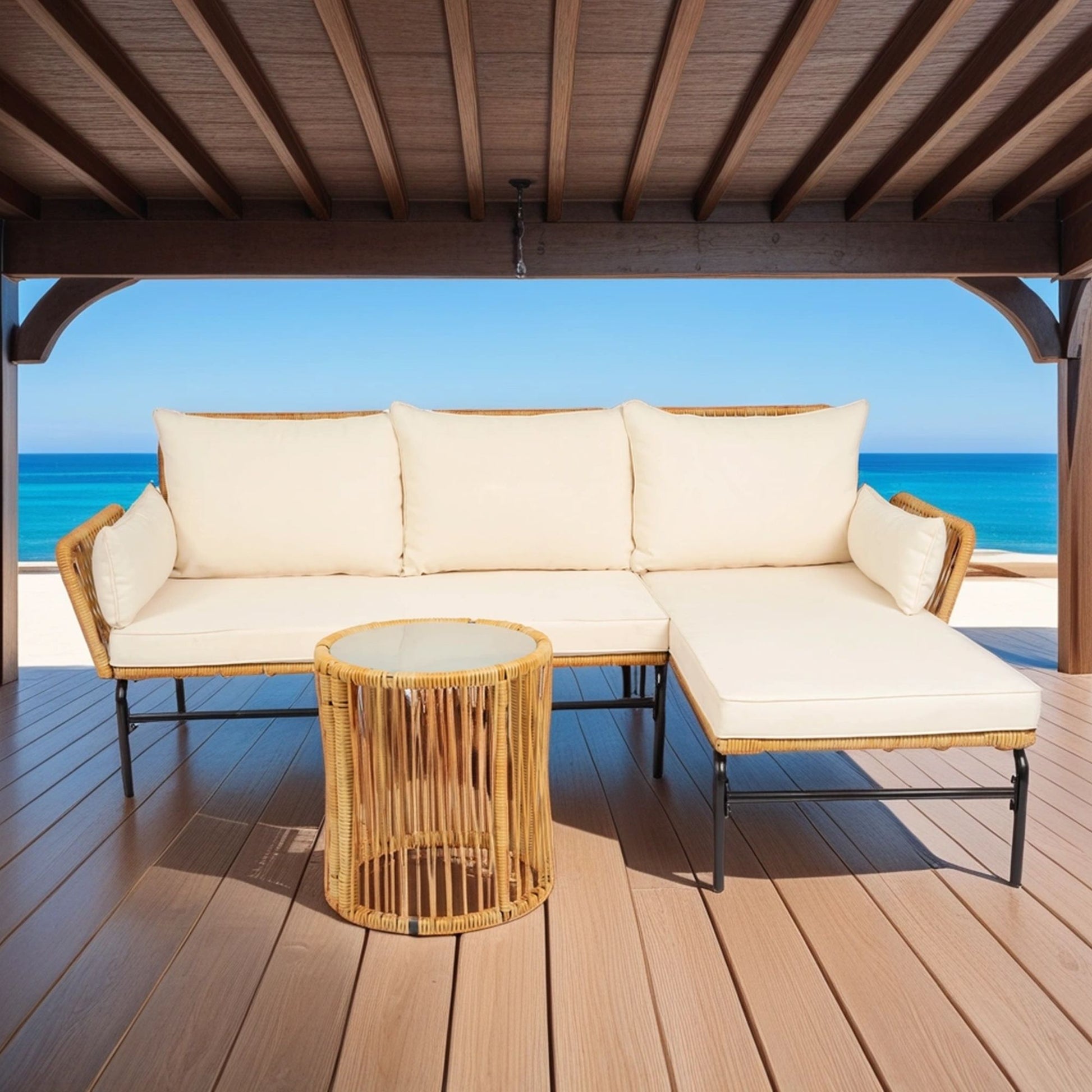 3 Pieces Outdoor Patio Wicker Furniture Sets Table And Chairs With Thick Cushion Outdoor Sofa Set Wicker And Cushion - Natural Yellow / Creme - Best Buy Furniture