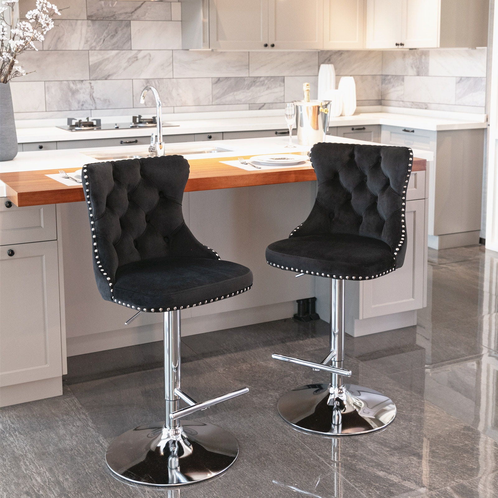 Swivel Velvet Barstools Adjusatble Seat Height From 25-33", Modern Upholstered Chrome Base Bar Stools With Backs Comfortable Tufted For Home Pub And Kitchen Island (Set of 2) - Best Buy Furniture