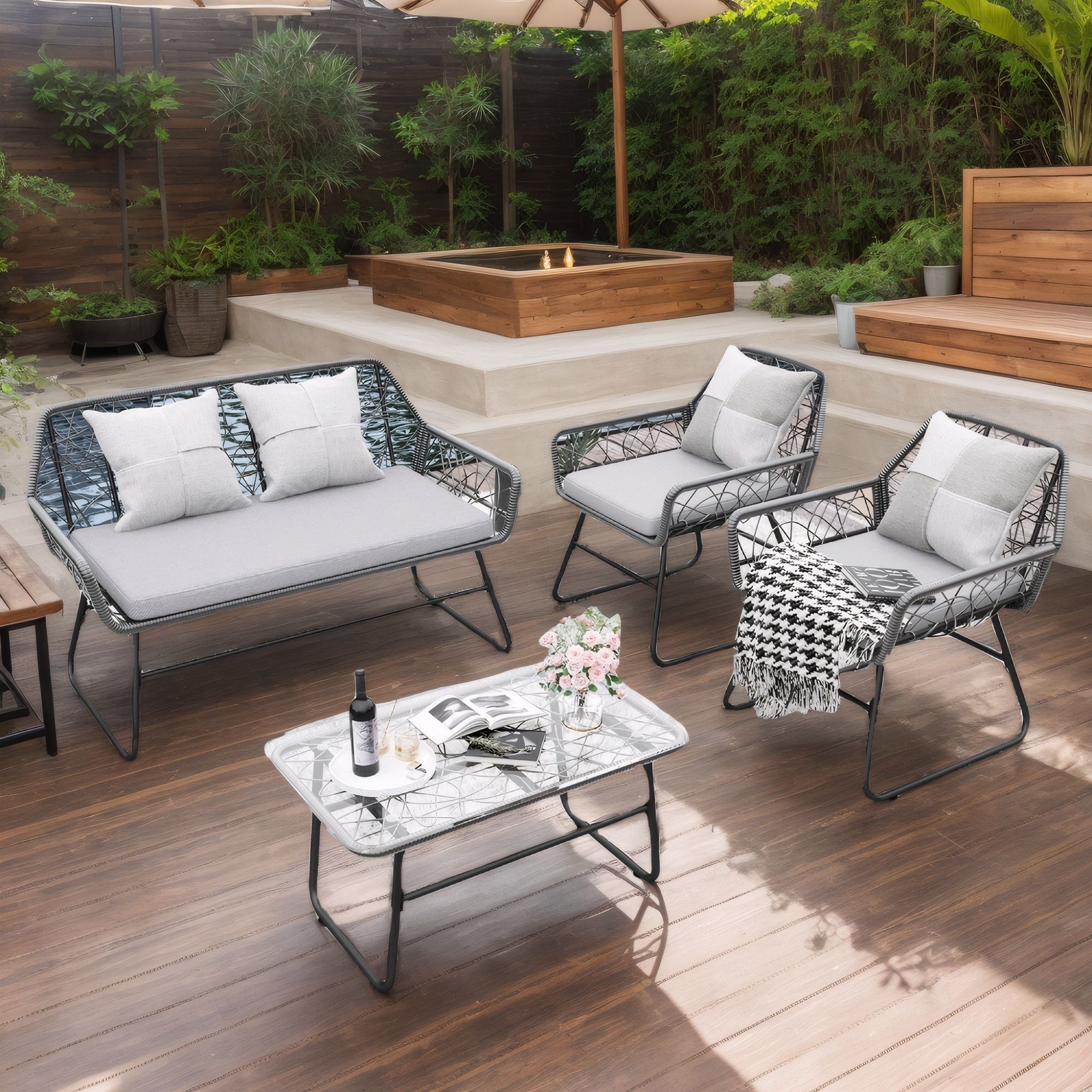 4 Piece Wicker Patio Furniture Set With Tempered Glass Table And Detachable Cushions - Best Buy Furniture