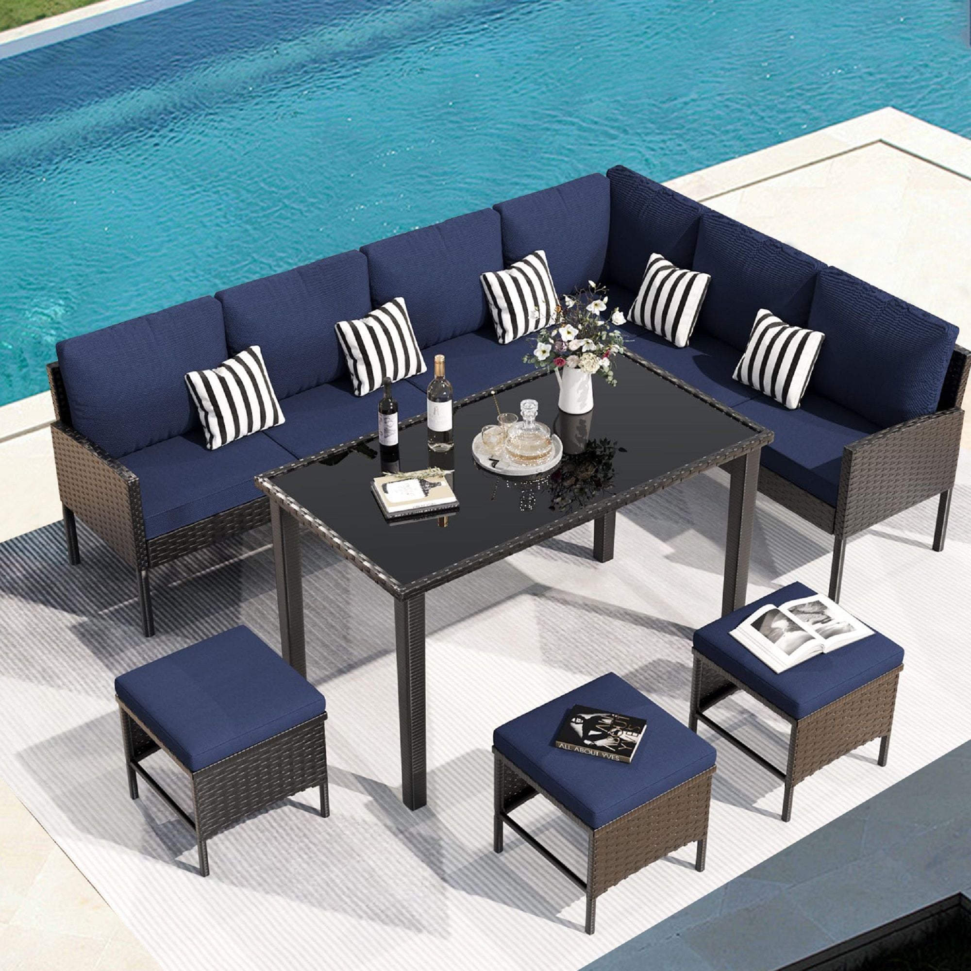7 Piece Outdoor Furniture Set With Waterproof Cushions, Glass Table, And Space Saving Design - Blue - Best Buy Furniture