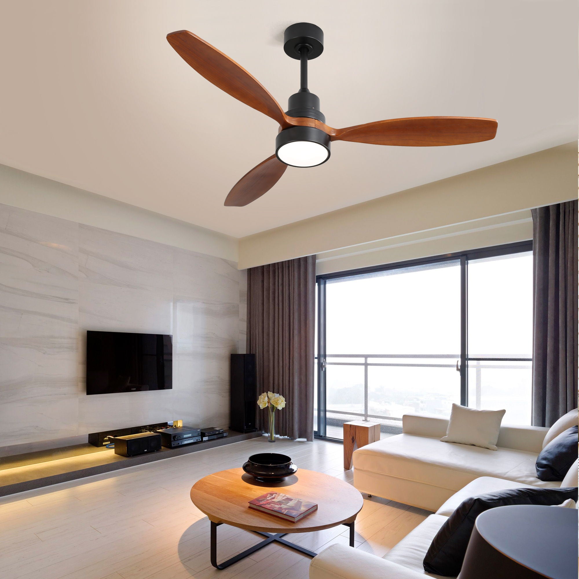 Wooden Ceiling Fan With 3 Solid Wood Blades Remote Control Reversible DC Motor With LED Light - Best Buy Furniture