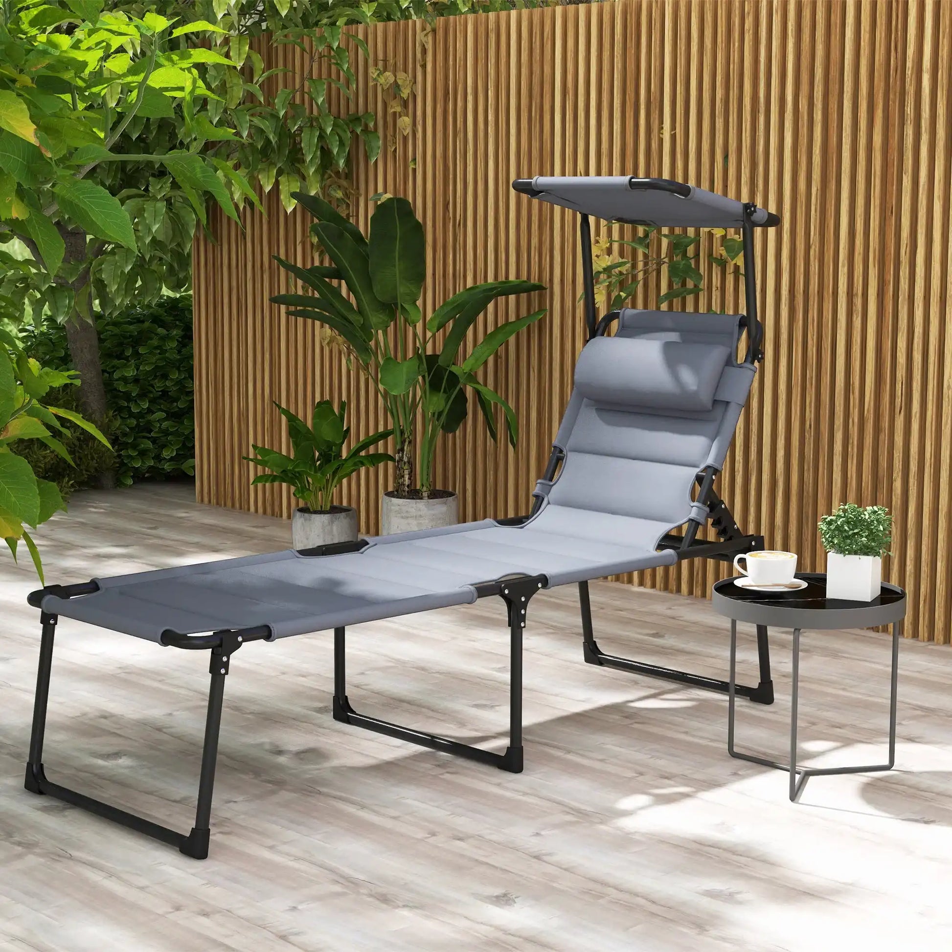 Folding Chaise Lounge Chair with Adjustable Backrest and Sunshade, Gray - Best Buy Furniture