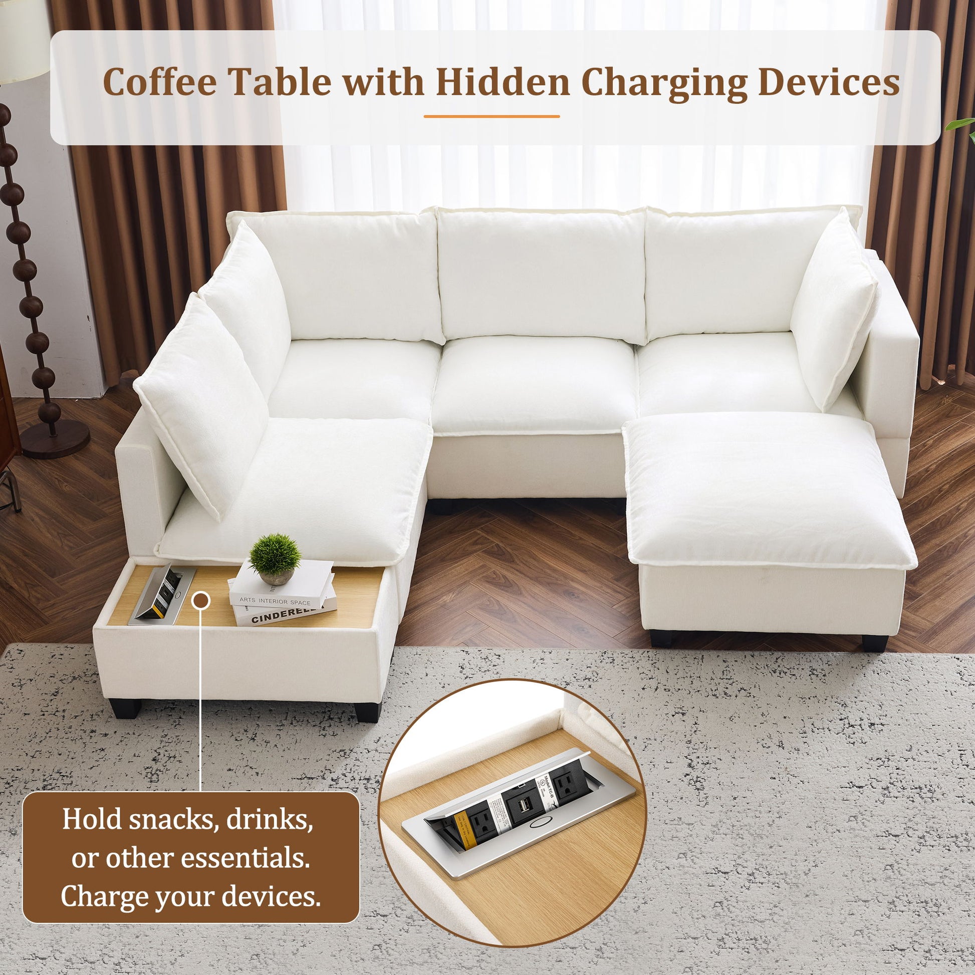 U-Shaped Sectional Modular Sofa With A Movable Ottoman, A Coffee Table With Hidden Charging Devices For Living Room - Best Buy Furniture