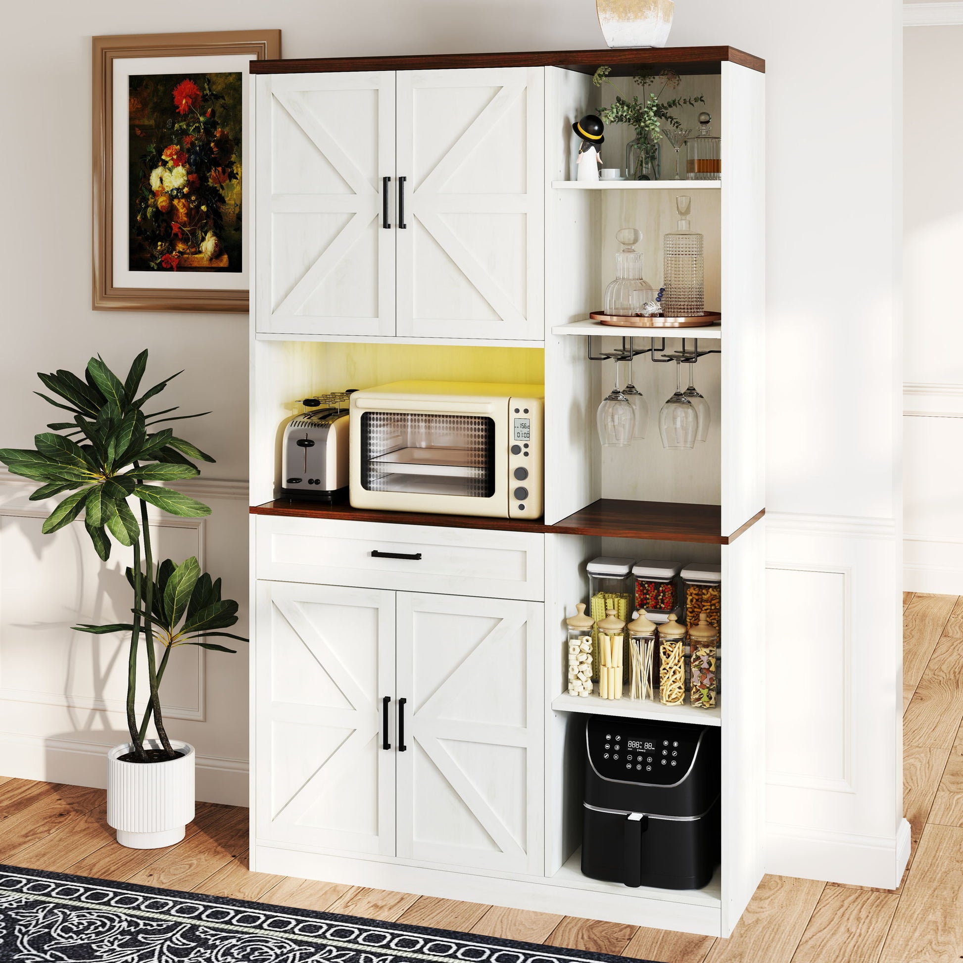 Farmhouse Kitchen Pantry Sideboard With Cabinet And Drawer, Multi Functional Kitchen Buffet With Hutch And Glass Holder, Microwave Stand With Charging Station - Brown / Antique White - Best Buy Furniture