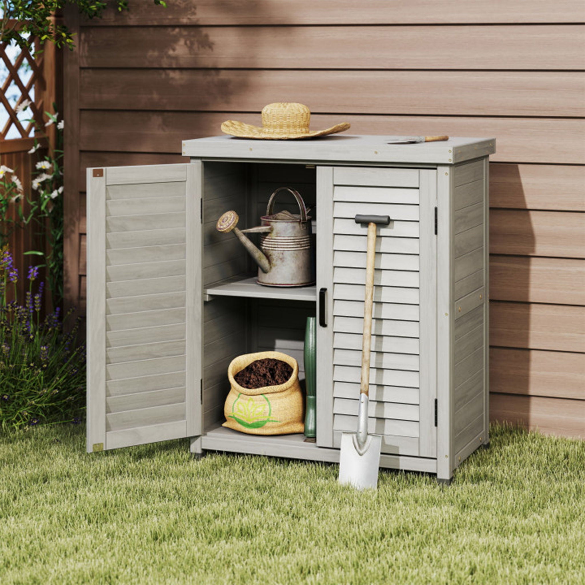 Potting Bench With Storage Cabinet And Metal Table Top For Outdoor - Best Buy Furniture