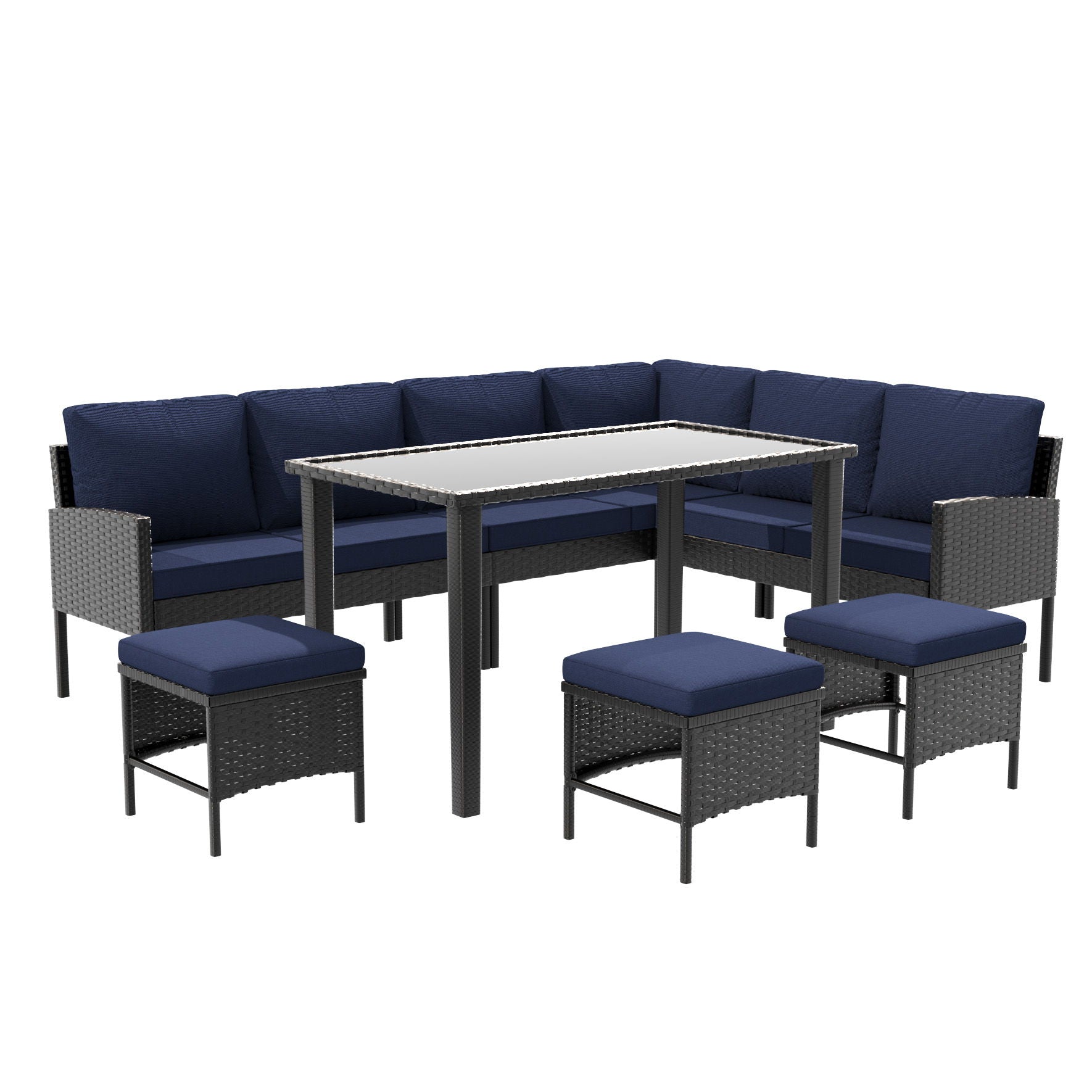 7 Piece Outdoor Furniture Set With Waterproof Cushions, Glass Table, And Space Saving Design - Blue - Best Buy Furniture