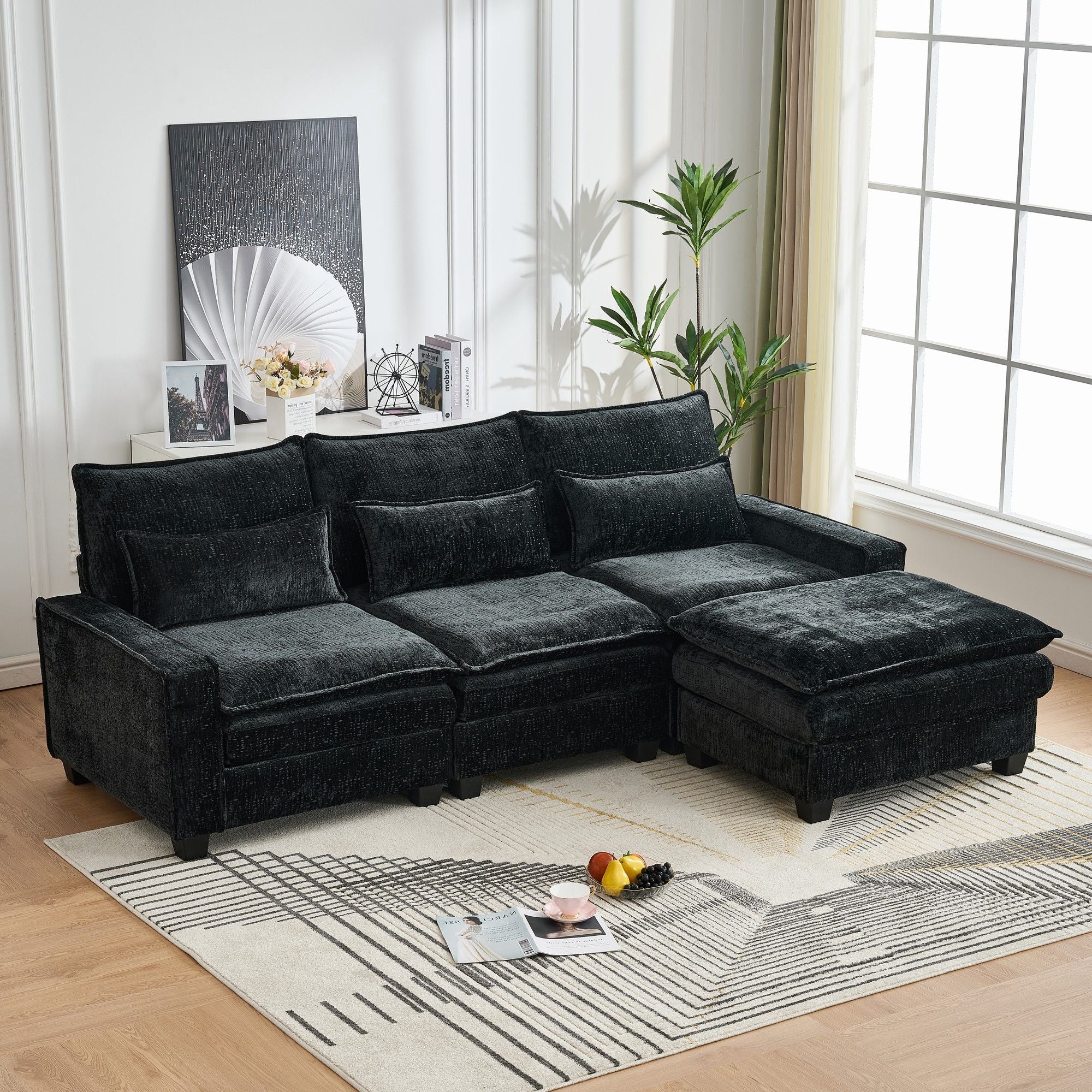 Modern Comfy Chenille L Shaped Sectional Sofa With Movable Ottoman - Best Buy Furniture