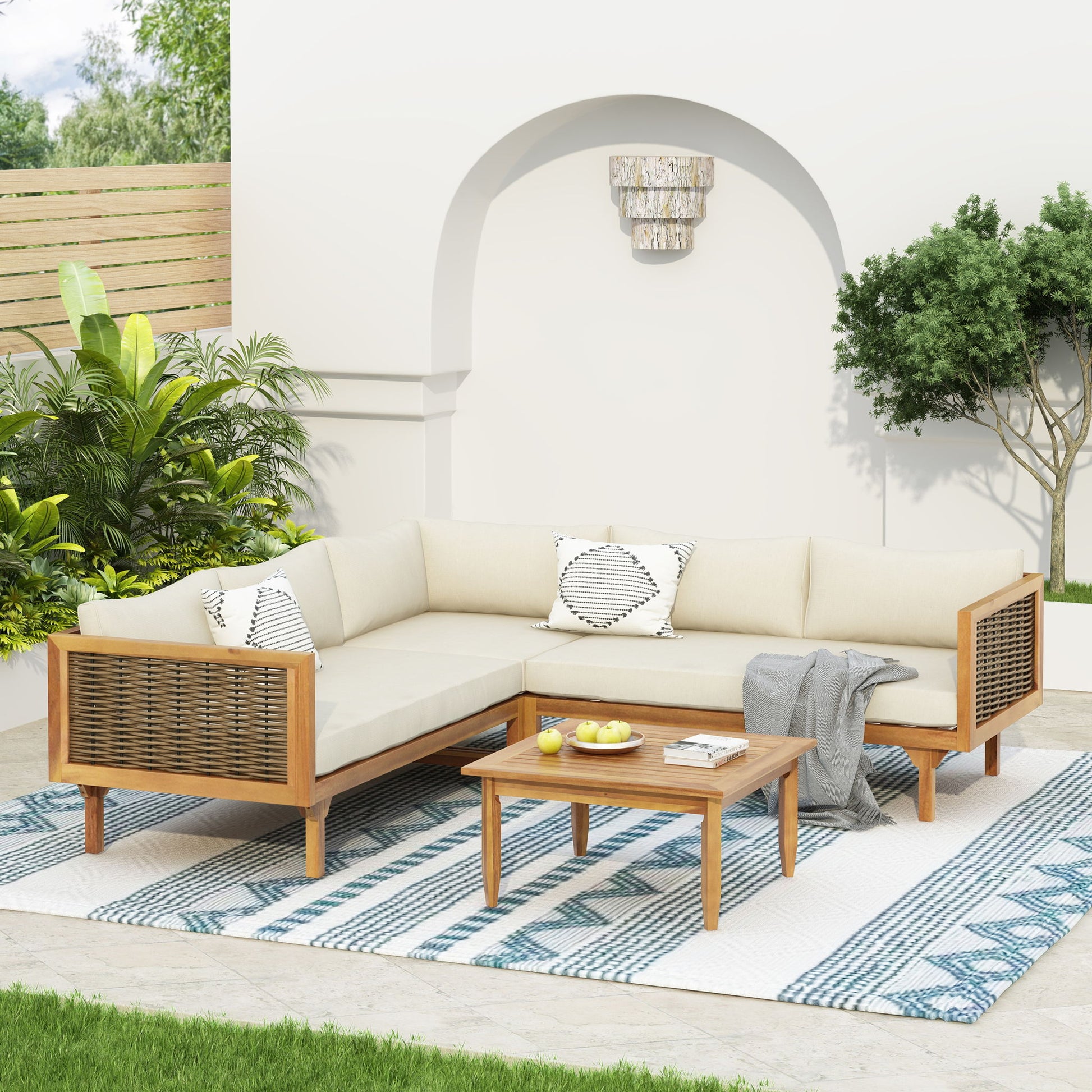Premium Outdoor Sofa Set With Waterproof Cushions Sectional Seating Group With Acacia Wood And Wicker - Brown Mix / Beige - Best Buy Furniture
