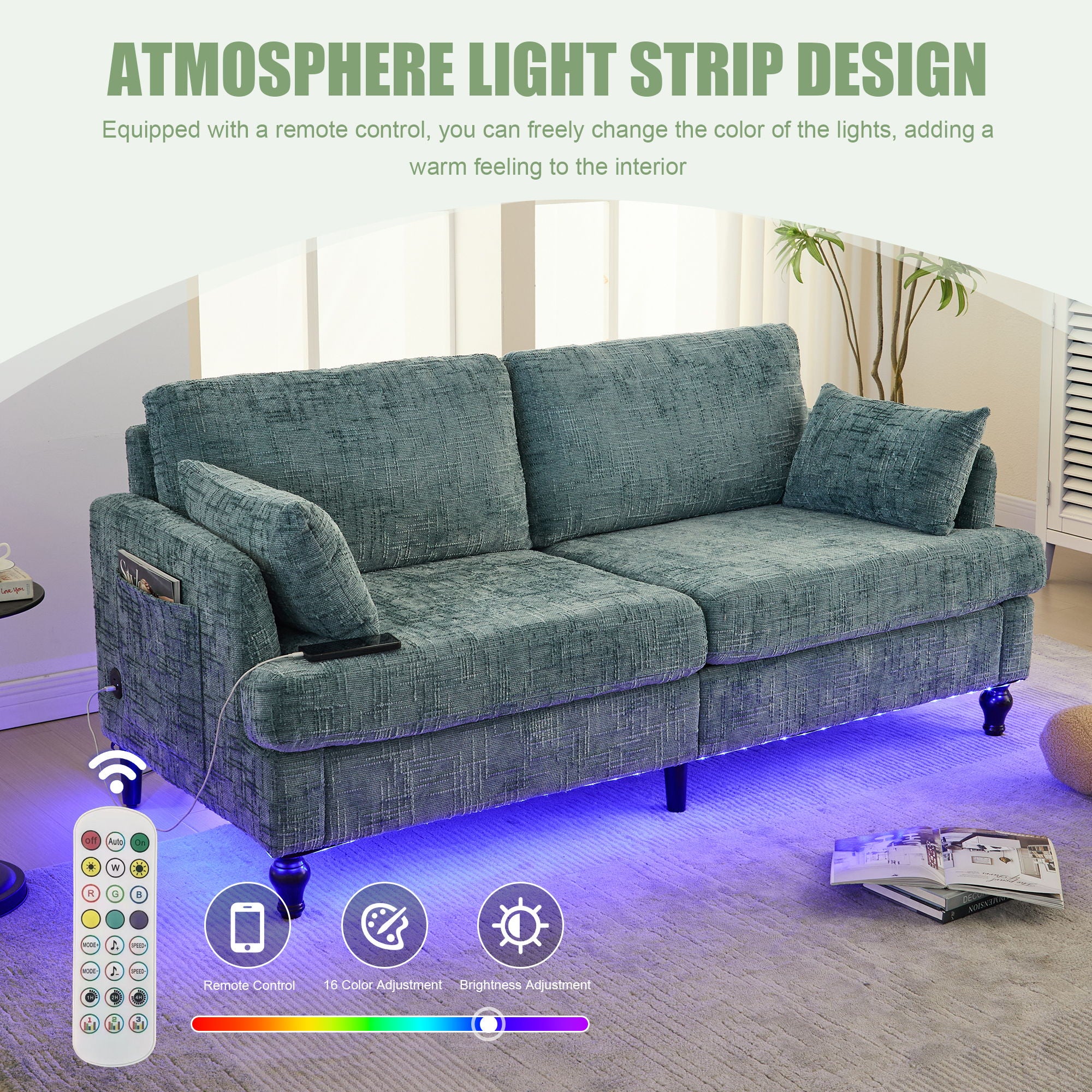 Chenille 2 Seater Sofa With LED Light, USB Charging Port, And Storage Bag - Best Buy Furniture