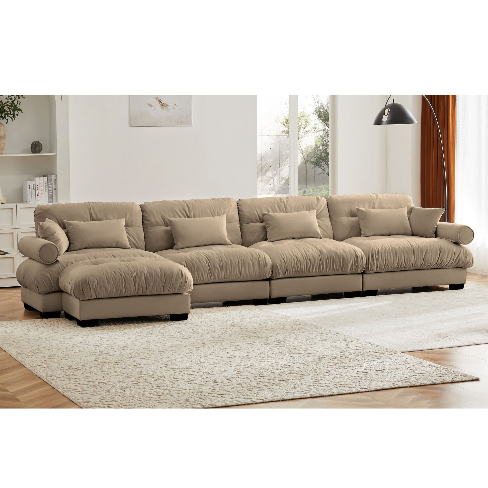 Modern Sectional Sofa With Ottoman, Round Bolster Armrests, Waist And Throw Pillows - Best Buy Furniture
