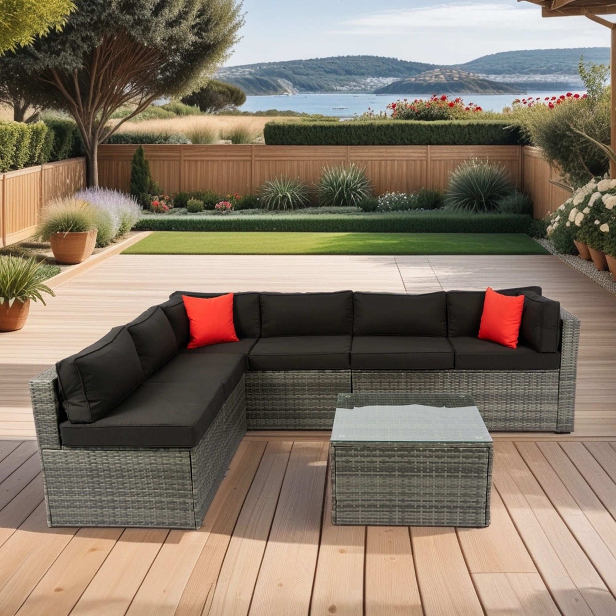5 Pieces Rattan Sectional Outdoor Furniture Cushioned U Sof Set With 2 Pillow - Gray / Black - Best Buy Furniture
