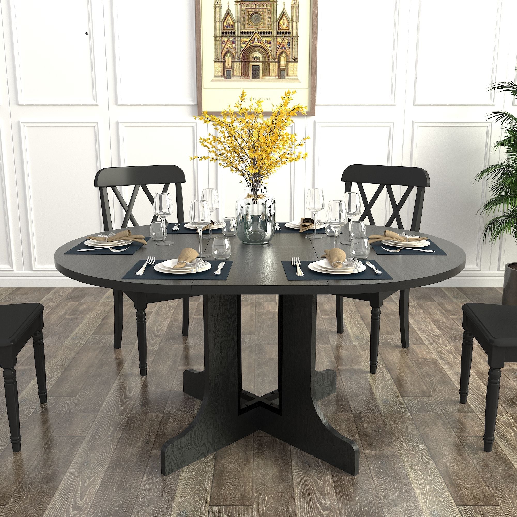 Dining Table For Farmhouse Kitchen Expandable Oval Table Top With Removable Leaf Trestle X Shaped Base - Black - Best Buy Furniture