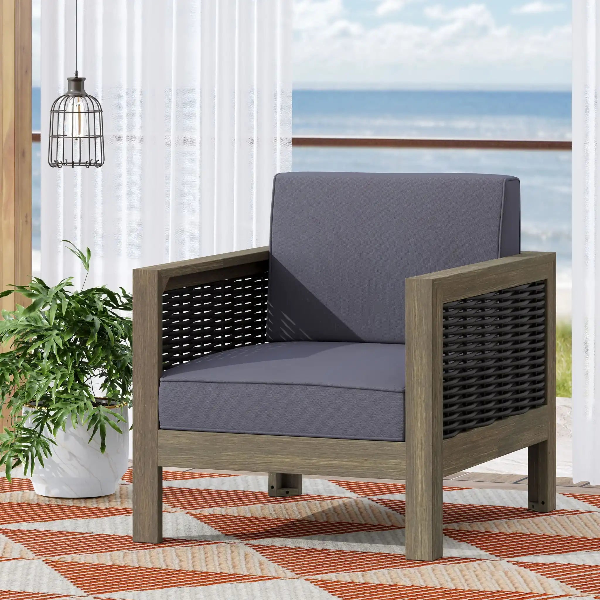 Outdoor Acacia Wood Club Chair With Wicker Accents - Best Buy Furniture