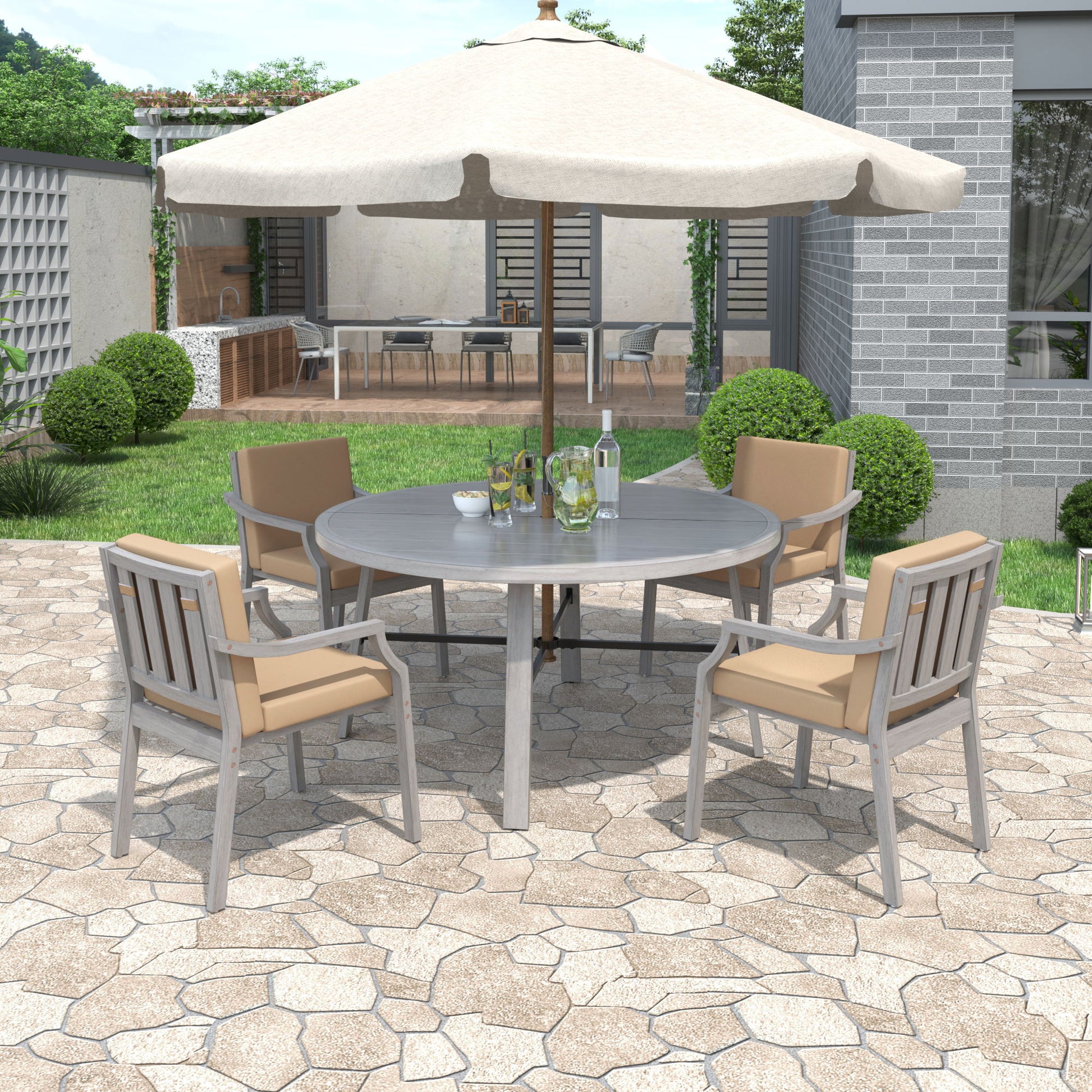 Outdoor Wooden Dinning Set With An Umbrella Hole And Removable Cushions For Patio - Best Buy Furniture