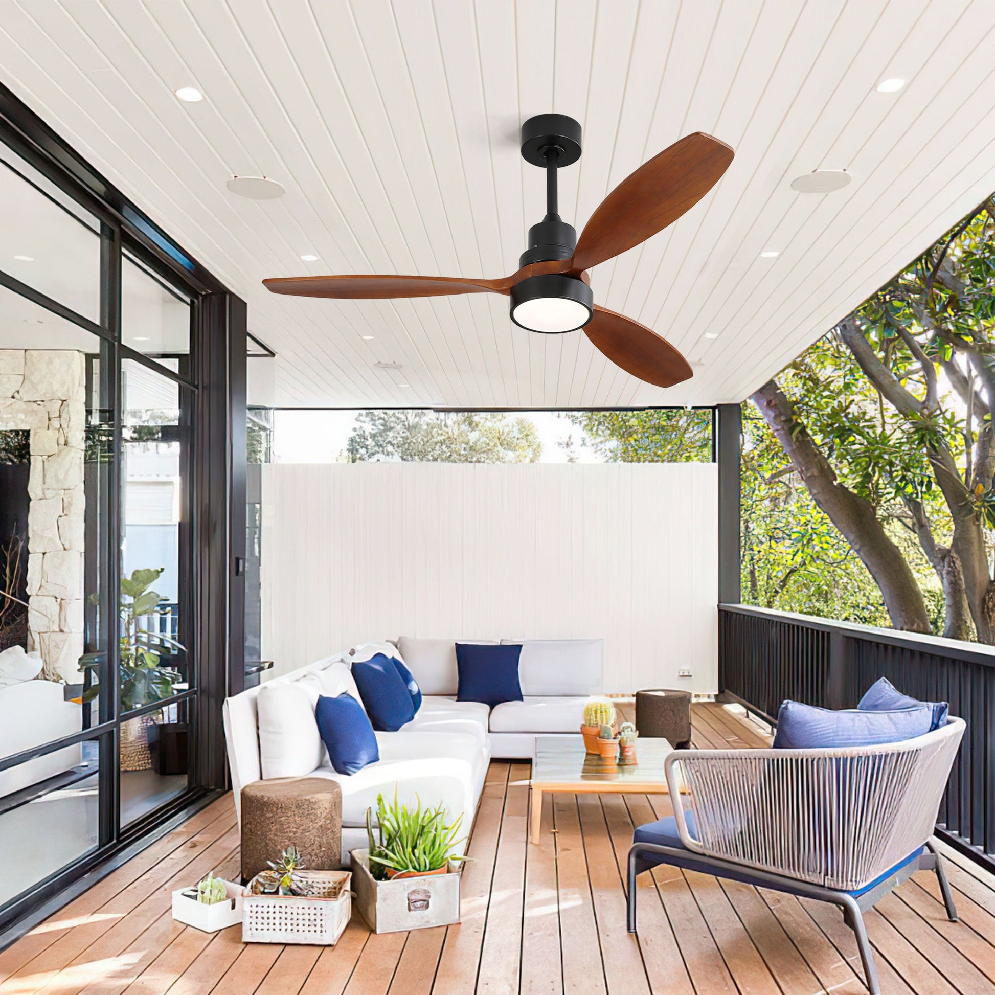 Wooden Ceiling Fan With 3 Solid Wood Blades Remote Control Reversible DC Motor With LED Light - Best Buy Furniture