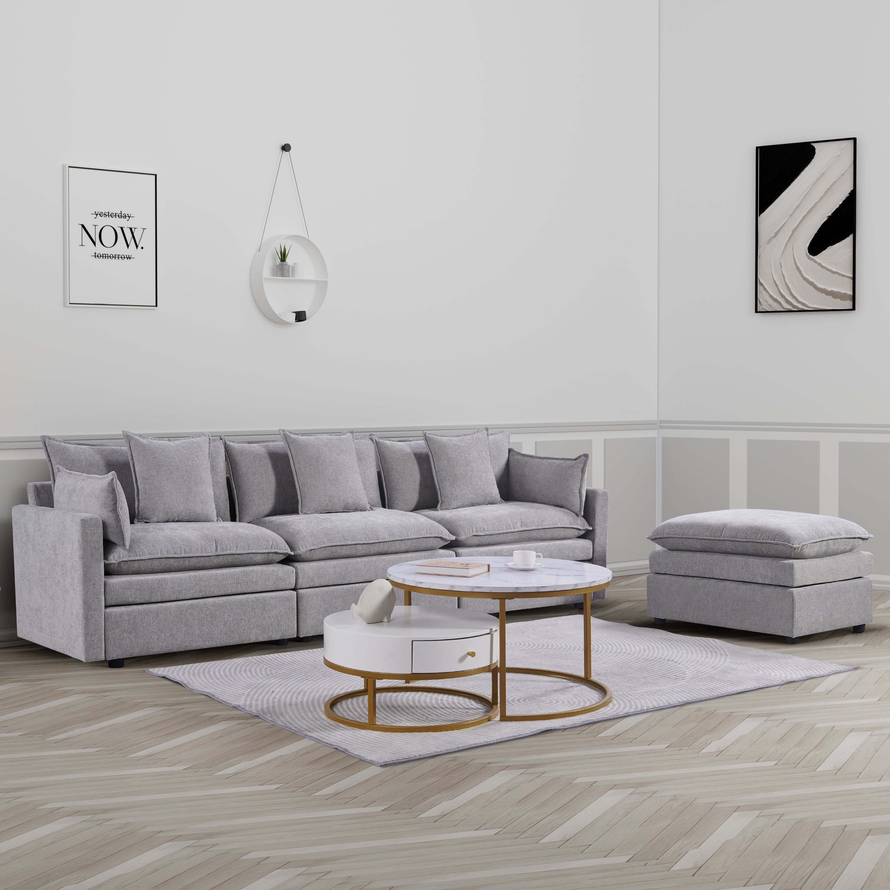 L-Shaped Chenille Sectional Sofa with Ottoman – Spacious 3-Seater Couch in Light Gray - Best Buy Furniture