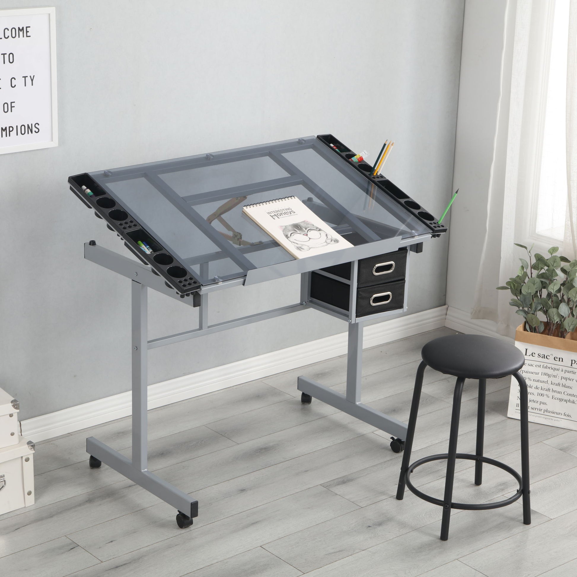 Adjustable Art Drawing Desk Craft Station Drafting With 2 Non-Woven Fabric Slide Drawers And 4 Wheels - Silver - Best Buy Furniture