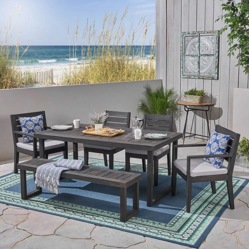 Outdoor 6 Seater Dining Set With Bench - Dark Gray / Light Gray - Best Buy Furniture