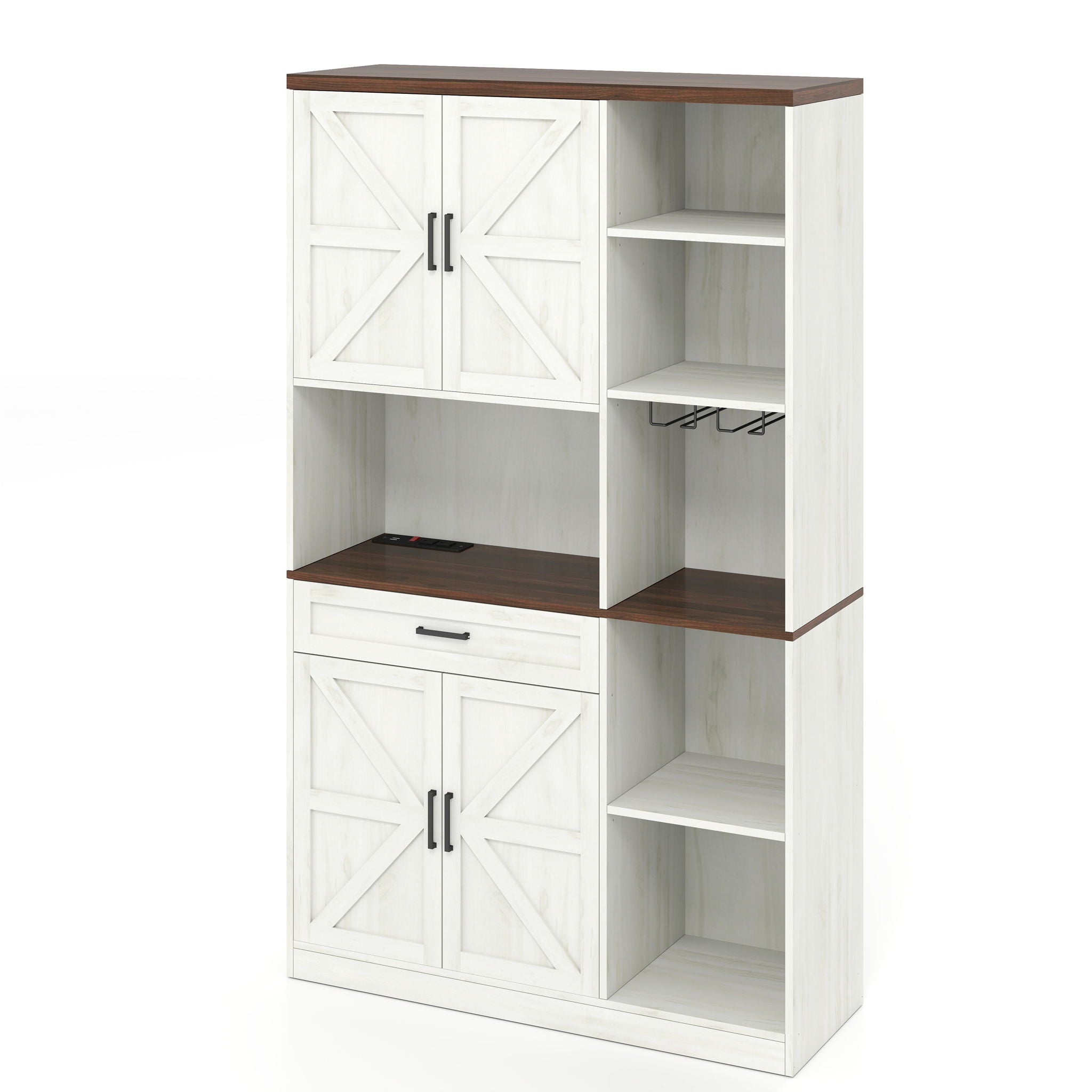 Farmhouse Kitchen Pantry Sideboard With Cabinet And Drawer, Multi Functional Kitchen Buffet With Hutch And Glass Holder, Microwave Stand With Charging Station - Brown / Antique White - Best Buy Furniture