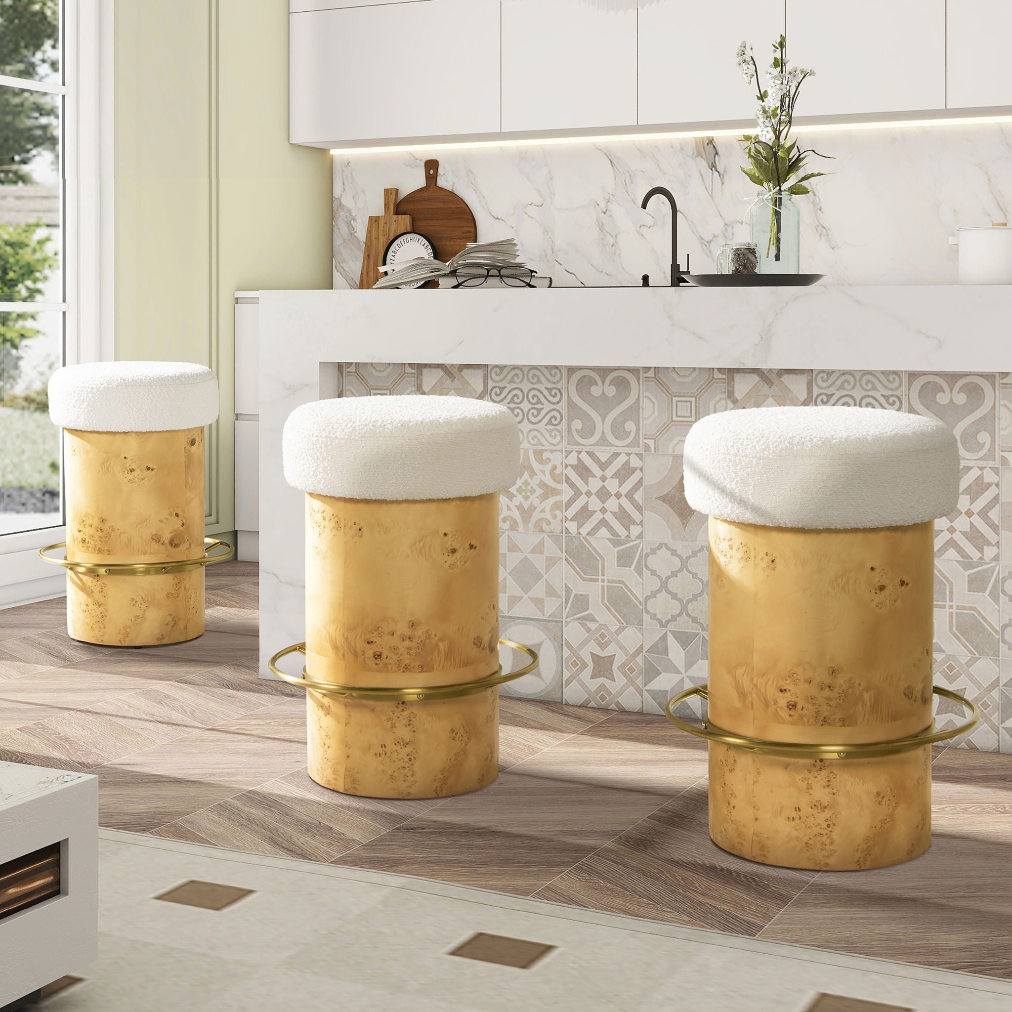 Nebula - Backless Round Upholstered Counter Stool With Burl - Ivory White - Best Buy Furniture