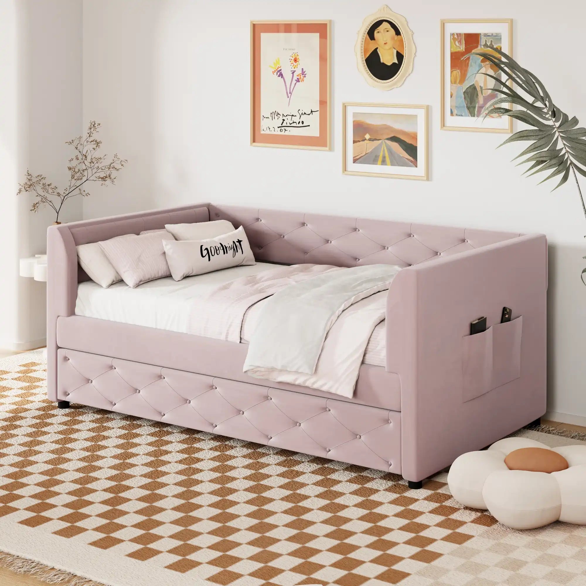 Twin Size Upholstered Velvet Tufted Daybed with Trundle, Pink - Best Buy Furniture