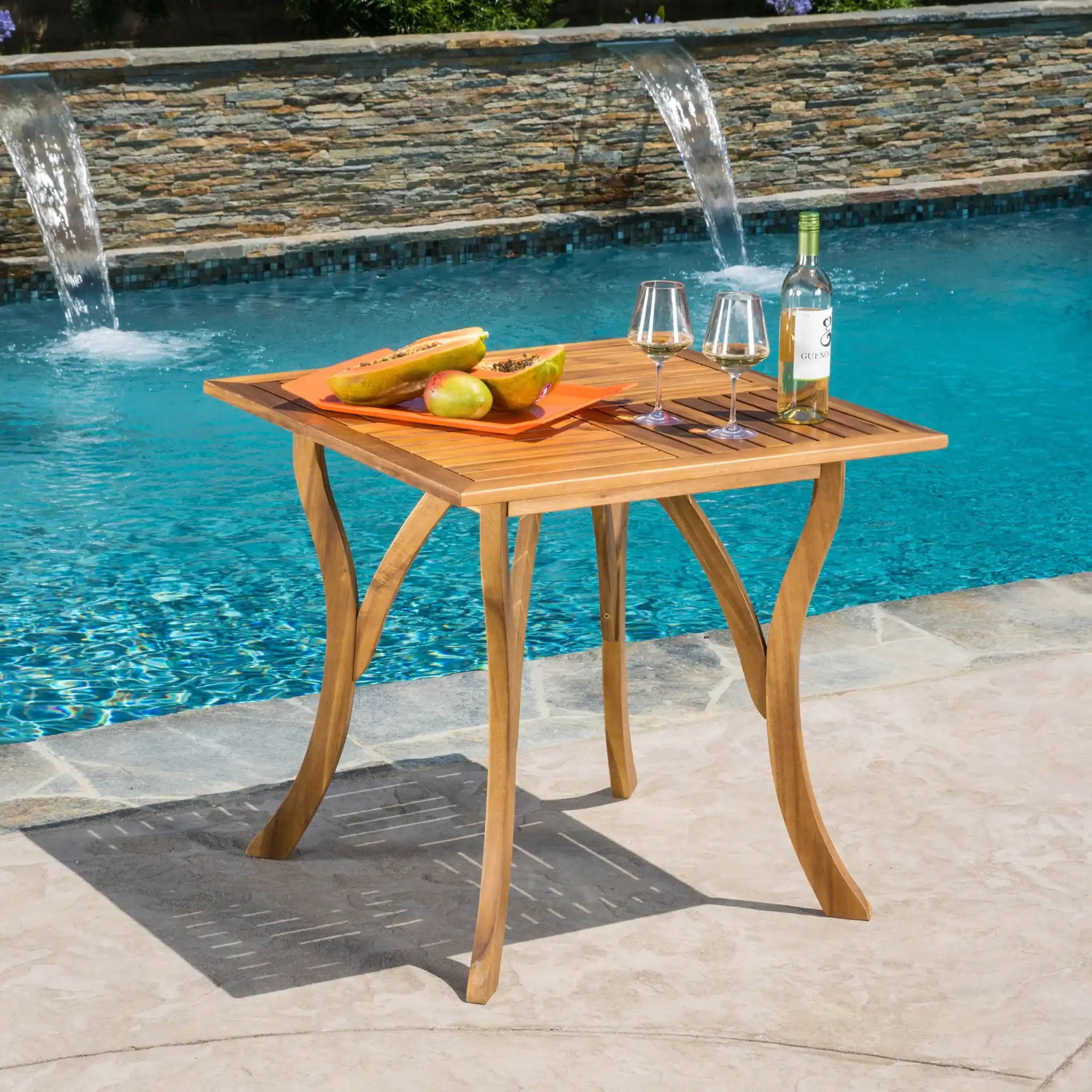 Outdoor Rectangular Table With Curved Legs And Perpendicular Wooden Slats Table Top - Best Buy Furniture