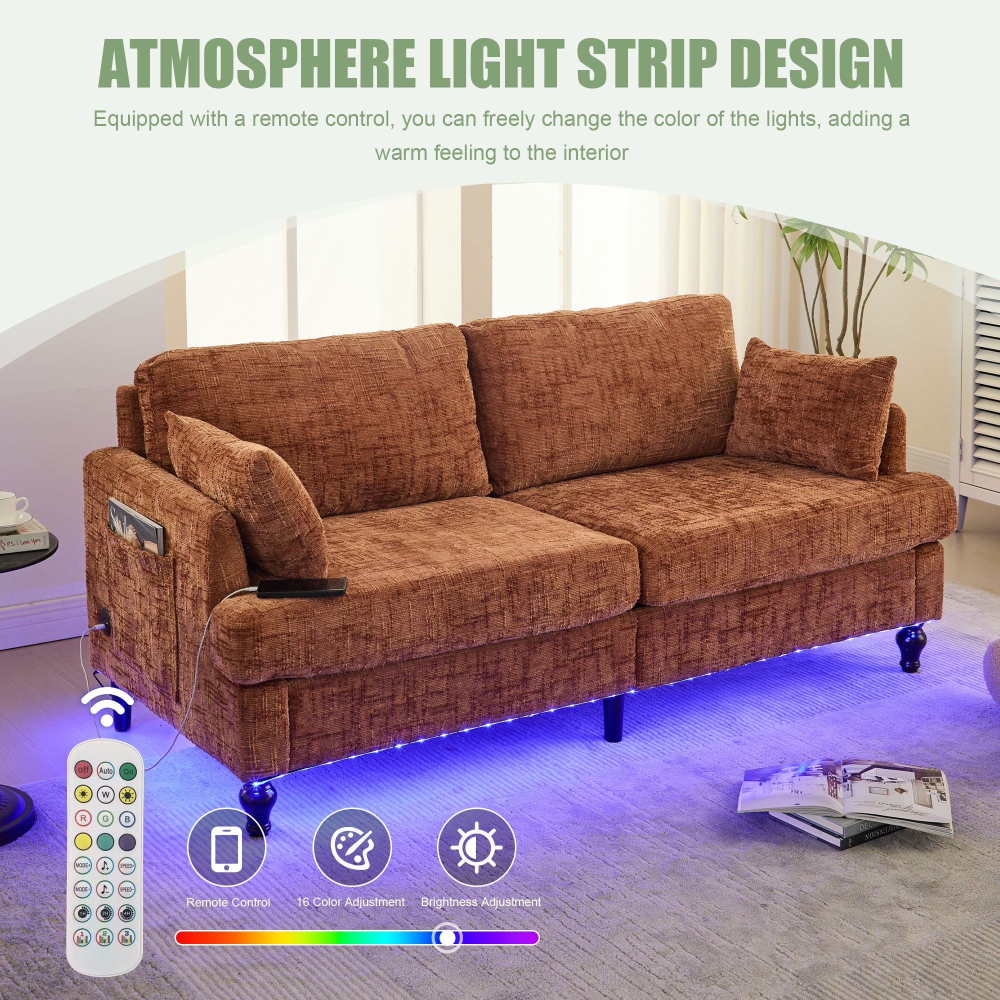 Chenille 2 Seater Sofa With LED Light, USB Charging Port, And Storage Bag - Best Buy Furniture