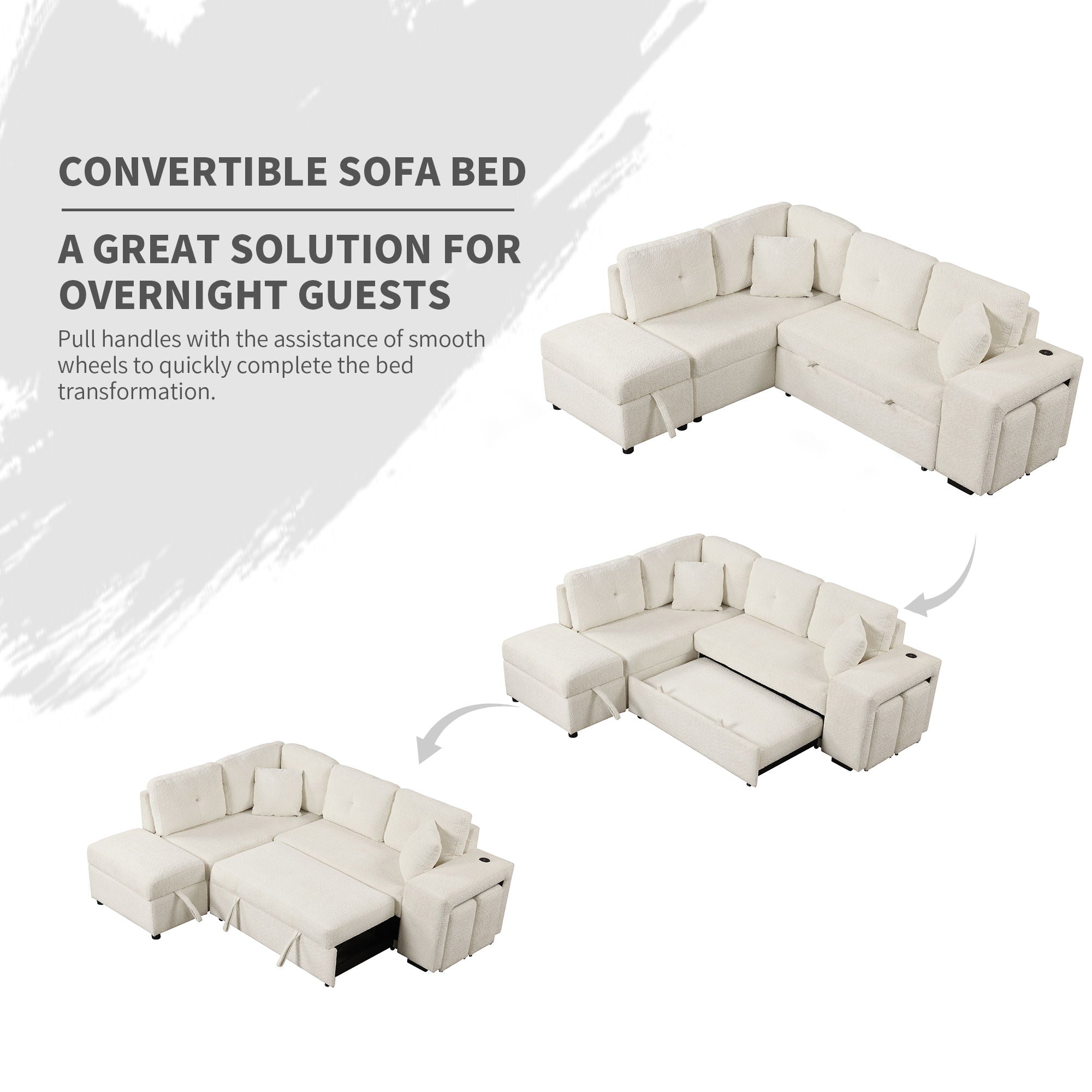 Convertible Sleeper, Sectional Pull Out Sofa Bed With Storage Ottoman, 2 Throw Pillows, 2 Stools, Wireless Charger And Two Hidden USB Ports For Living Room - Best Buy Furniture