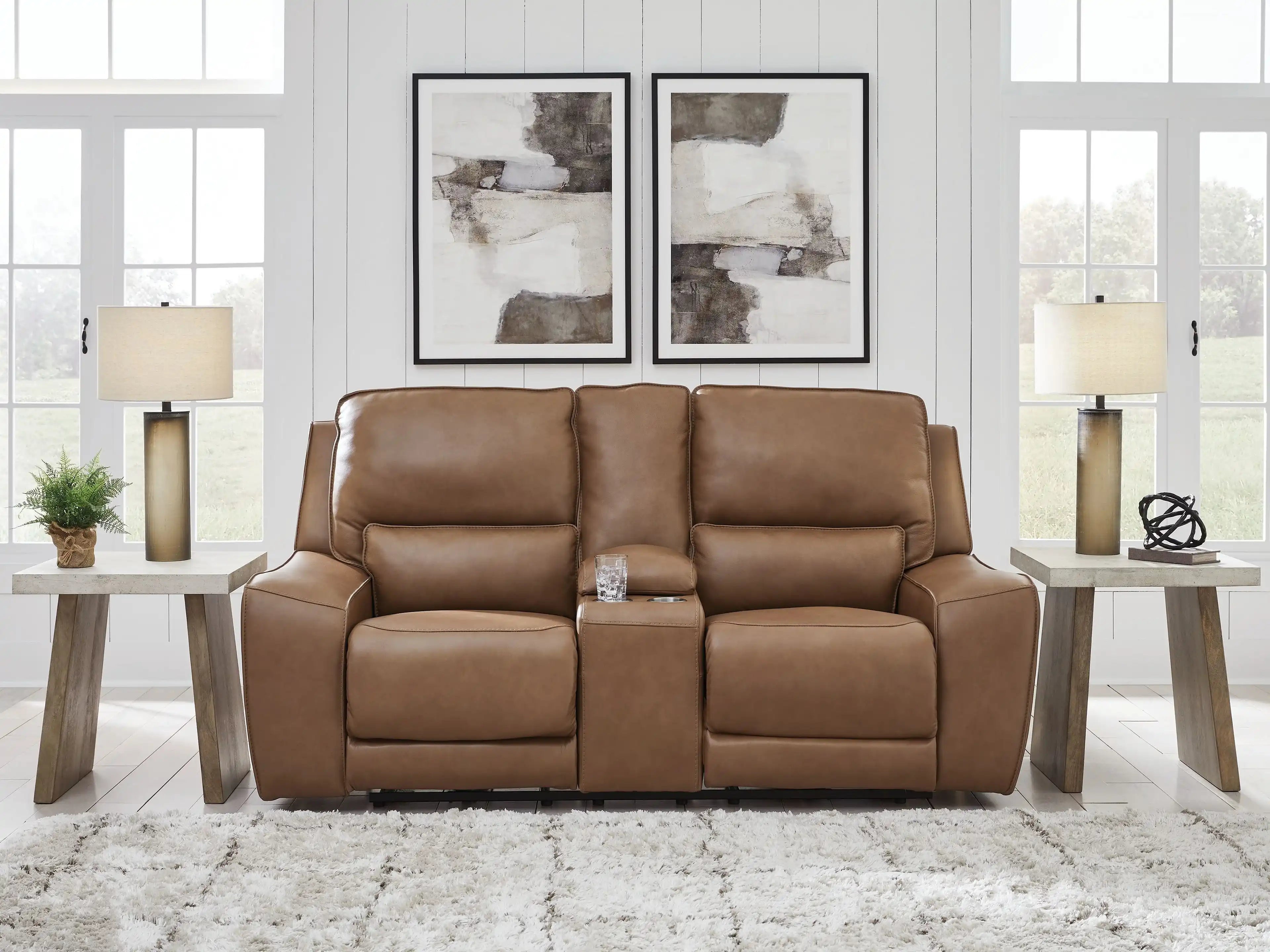 DeepWakes - Power Reclining Loveseat / Console / Adjustable Headrest - Caramel - Best Buy Furniture