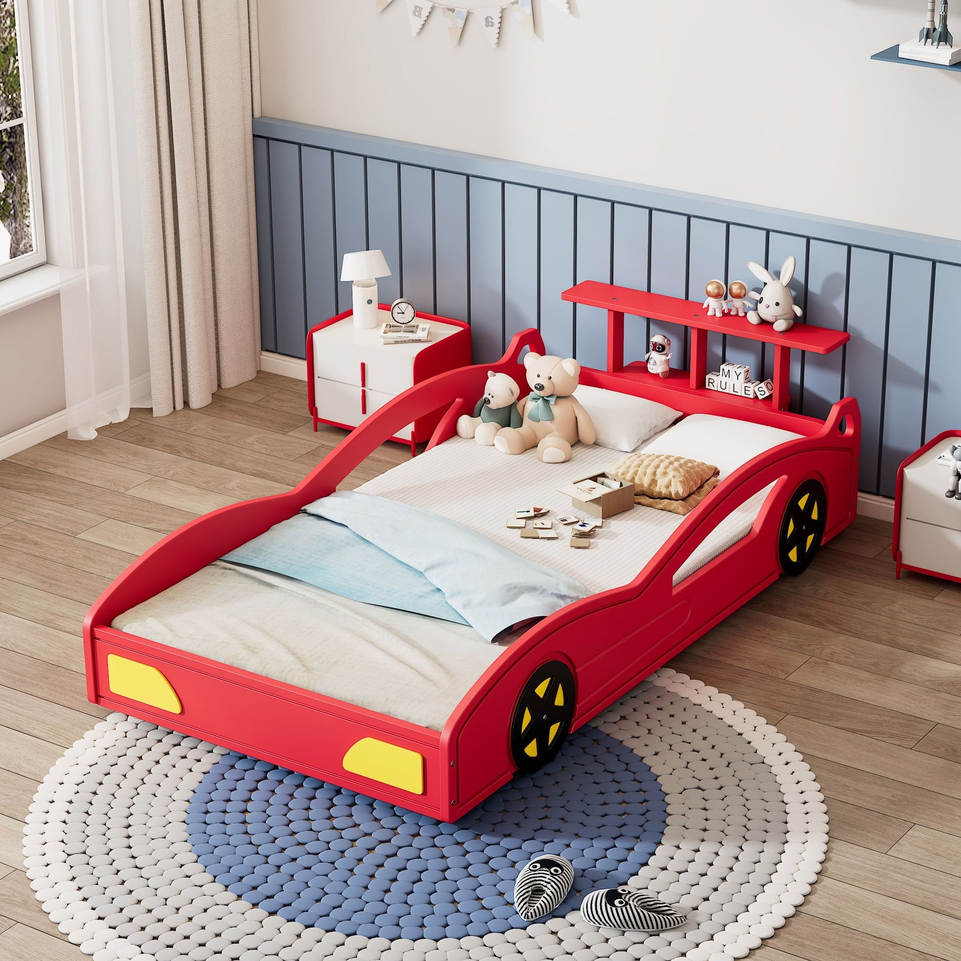 Wooden Race Car Bed, Car Shaped Platform Twin Bed With Wheels For Teens - Best Buy Furniture