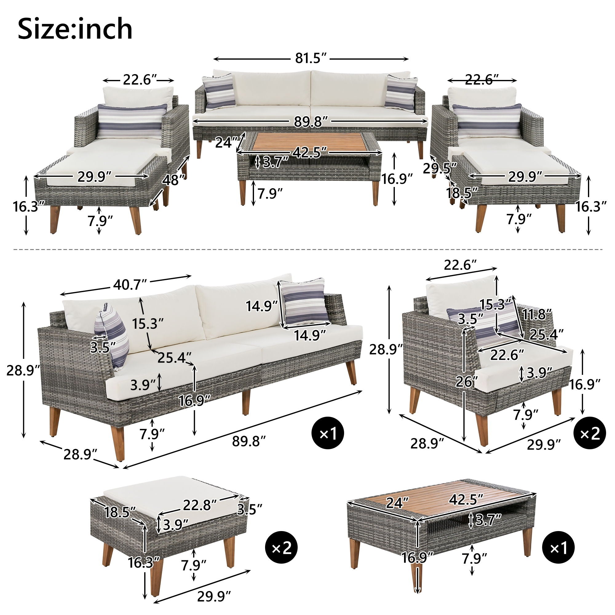 6 Pieces All Weather Sofa Set, Outdoor Rattan Sofa With Double Cushions - Best Buy Furniture