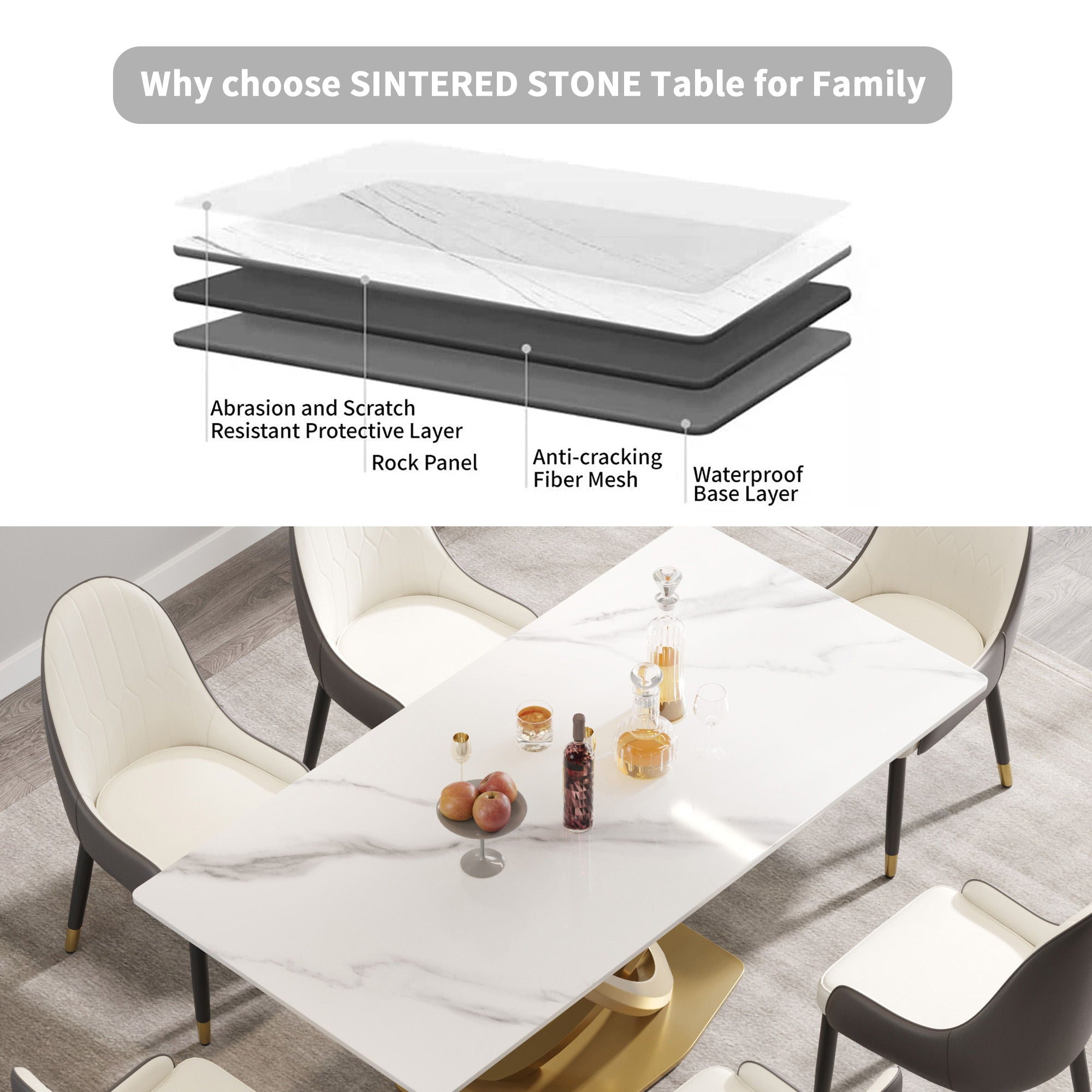 70.84" Modern Artificial Stone Panel Double-Ring Stainless Steel Metal Legs, Can Accommodate 6-8 People - Best Buy Furniture