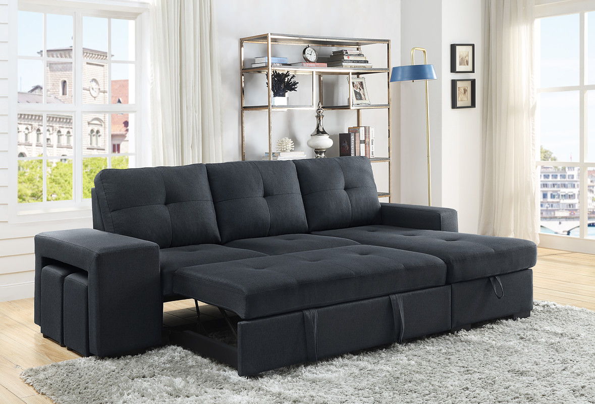 Lucas - Linen Sleeper Sectional Sofa With Reversible Storage Chaise - Dark Gray - Best Buy Furniture