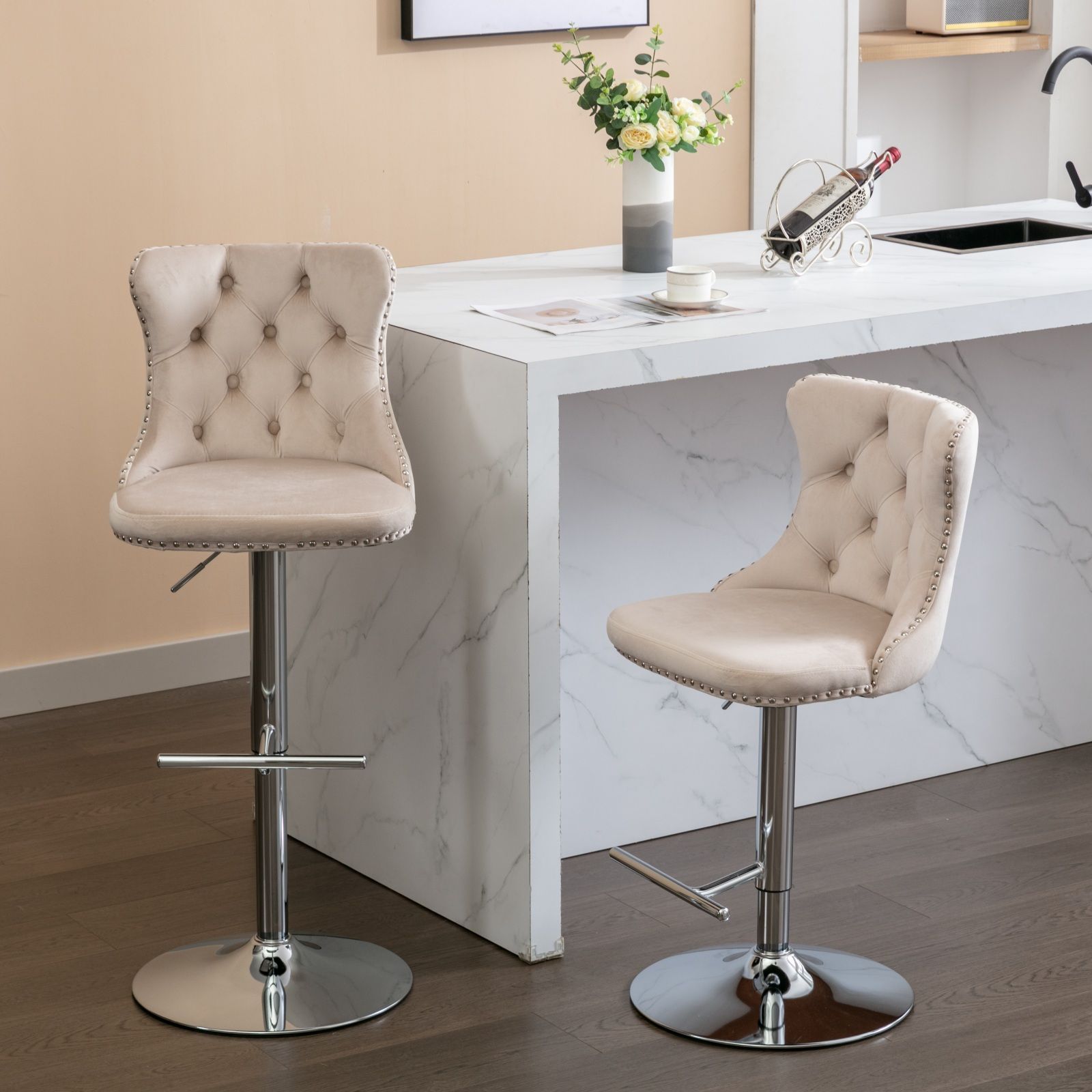 Swivel Velvet Barstools Adjusatble Seat Height From 25-33", Modern Upholstered Chrome Base Bar Stools With Backs Comfortable Tufted For Home Pub And Kitchen Island (Set of 2) - Best Buy Furniture
