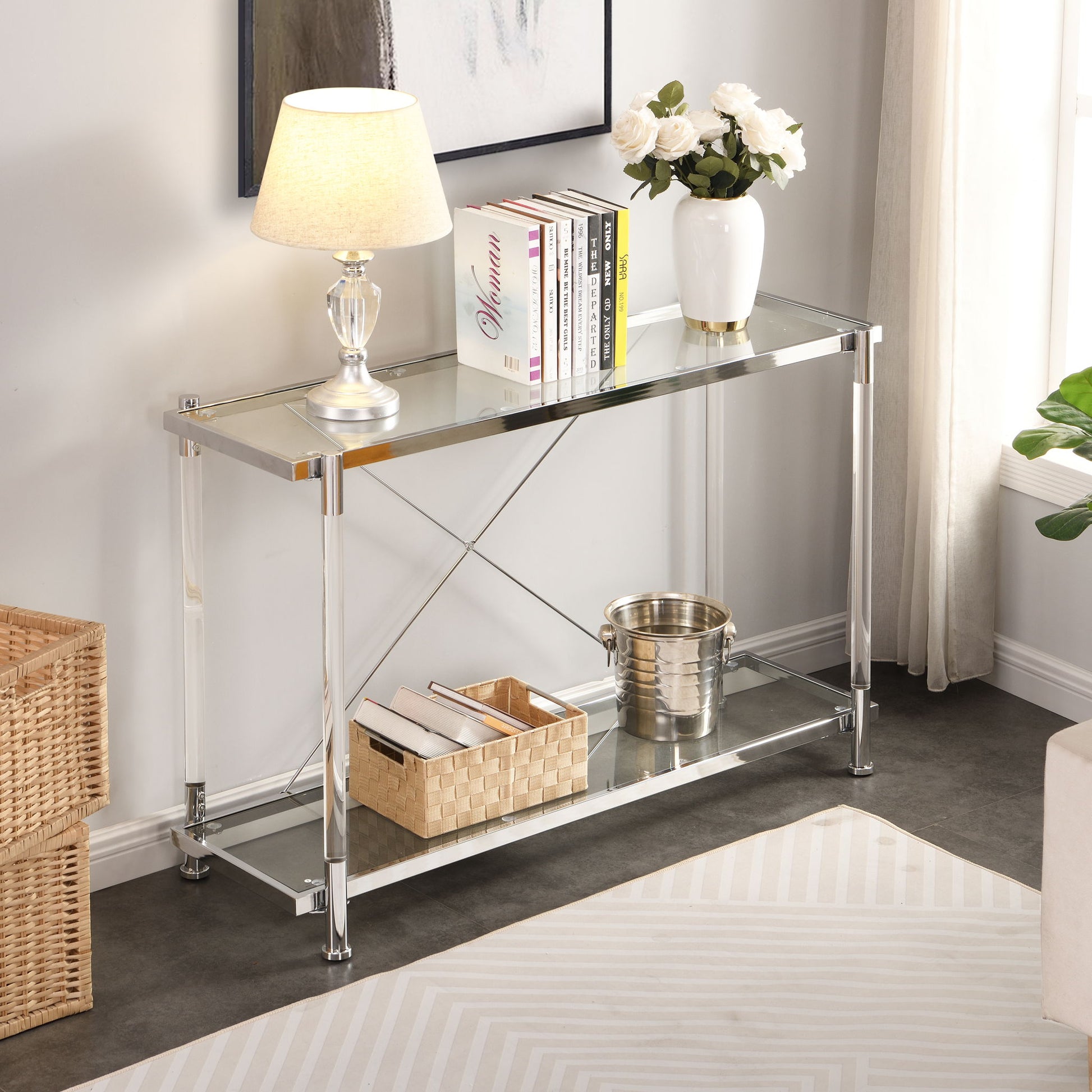 Chrome Glass Sofa Table, Acrylic Side Table, Console Table For Living Room & Bedroom - Chrome - Best Buy Furniture