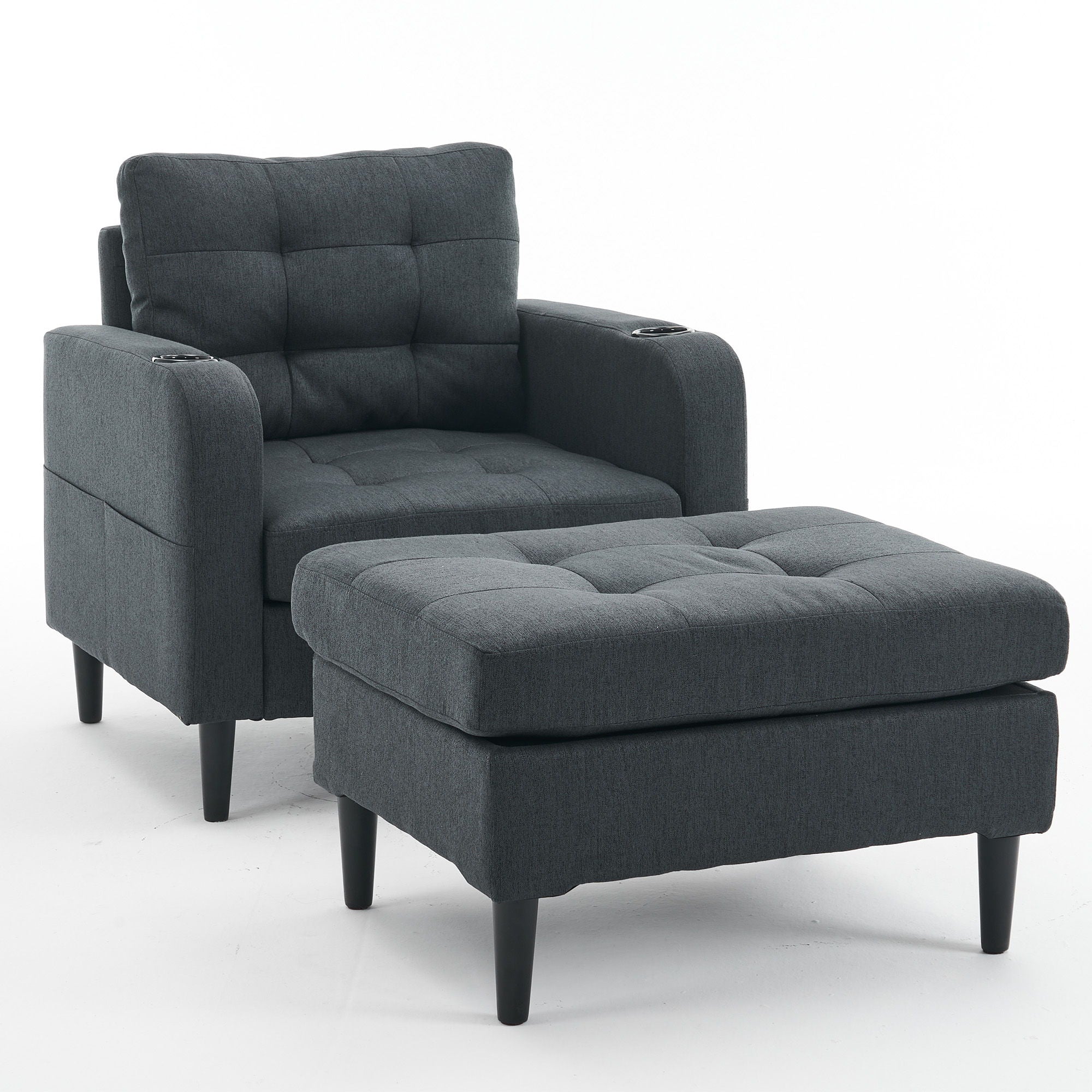 Upholstered Armchair And Storage Ottoman Set, Comfortable Single Sofa With Cup Holders And Tufted Detailing, Ideal For Living Room Or Bedroom - Best Buy Furniture