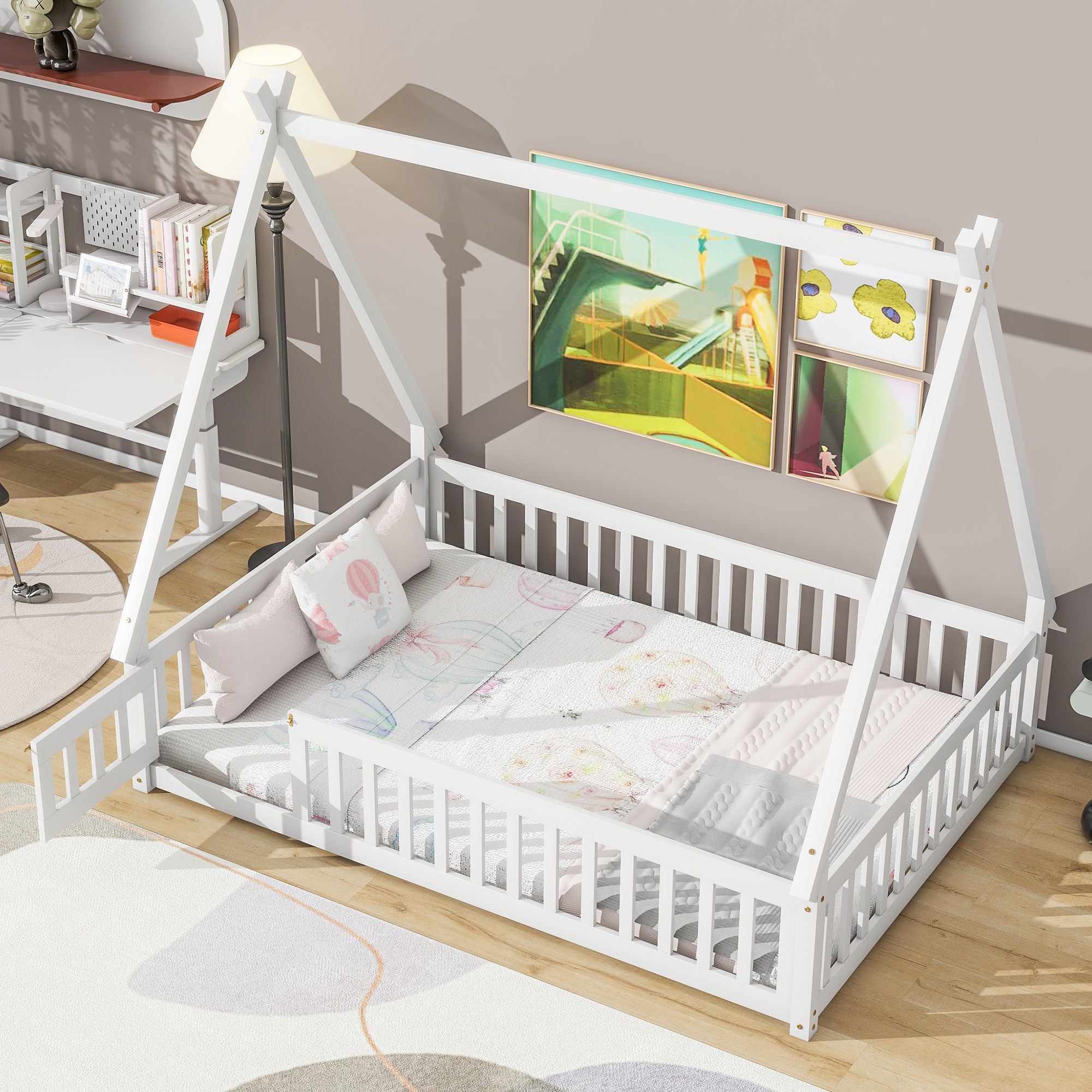 Tent-Shaped Floor Bed, With Guardrails, Slats, Door - Best Buy Furniture